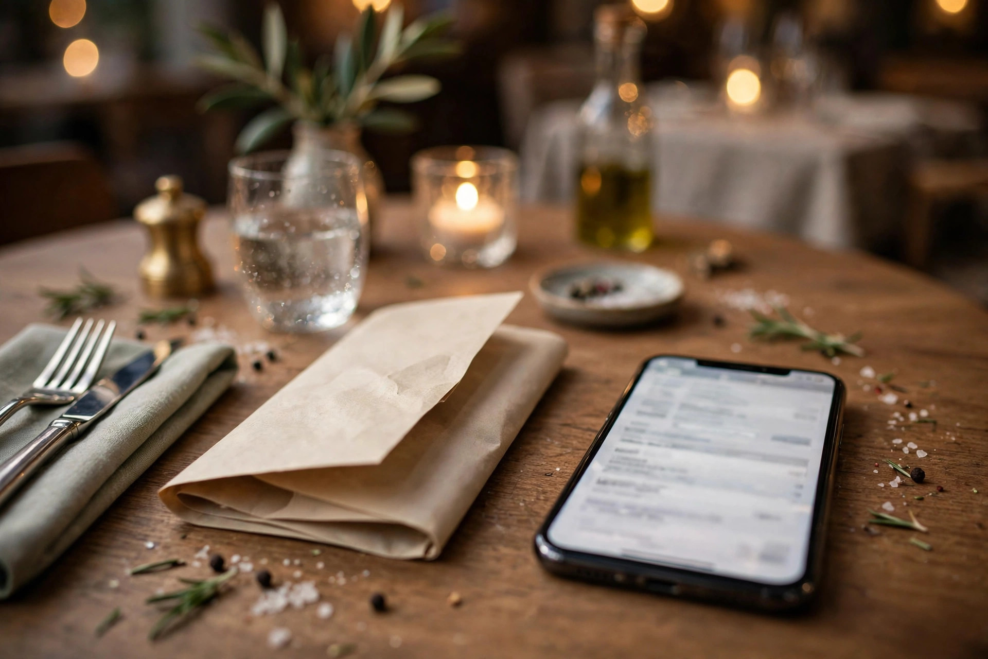 Smarttelefon med digital restaurantmeny ved siden av papirmeny på restaurantbord