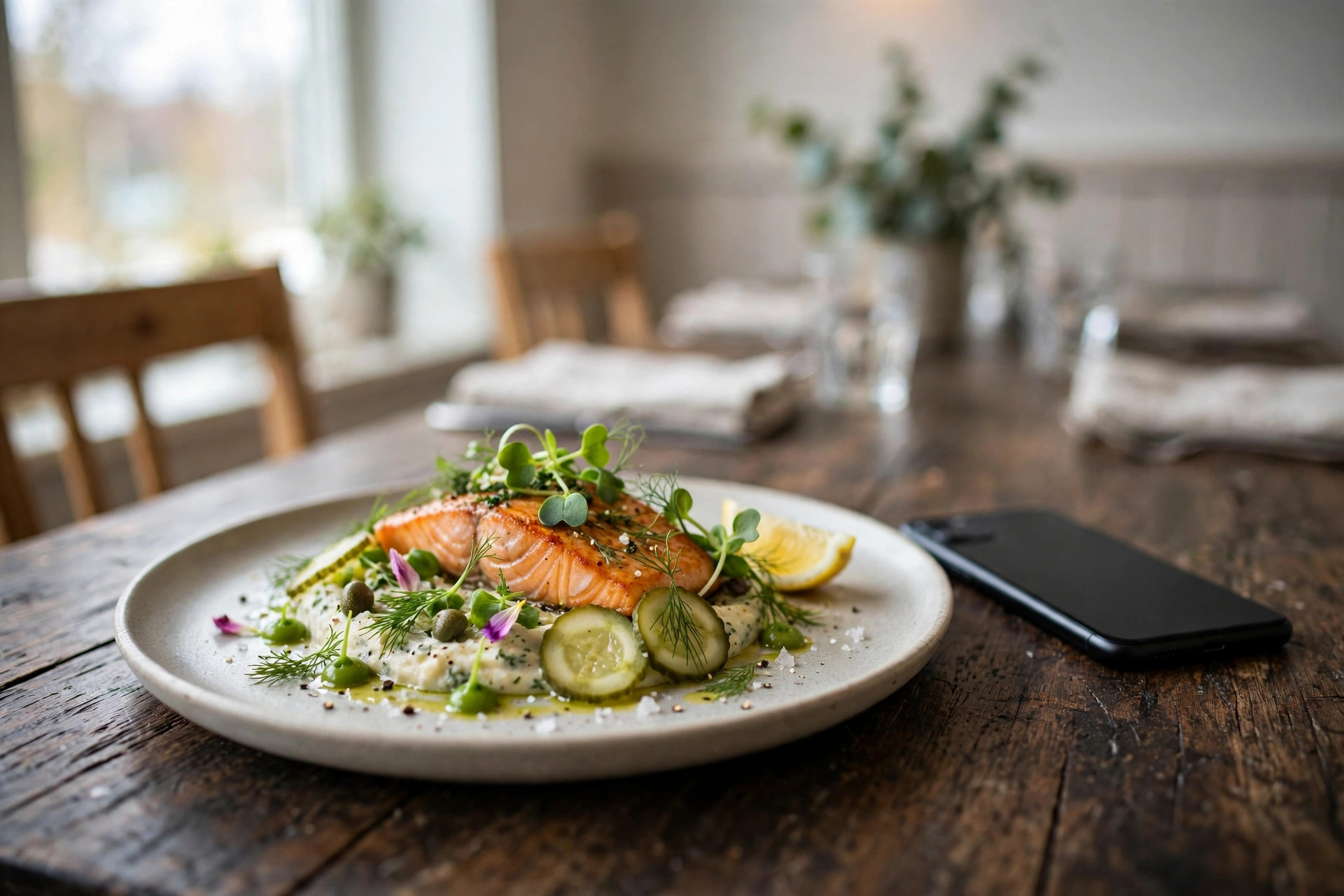 A beautifully plated dish on a wooden restaurant table next to a smartphone, ready to be photographed for a contest entry