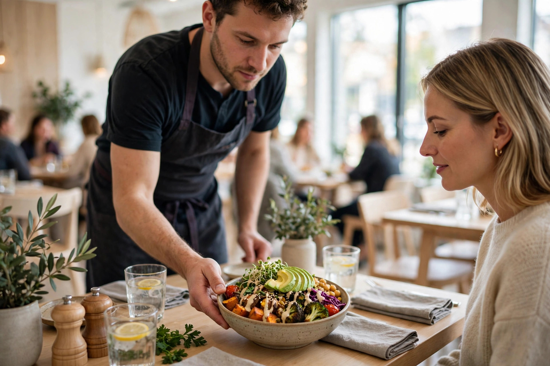 Servitör som serverar en vegansk bowl med rostade grönsaker och avokado till en gäst i skandinavisk restaurang
