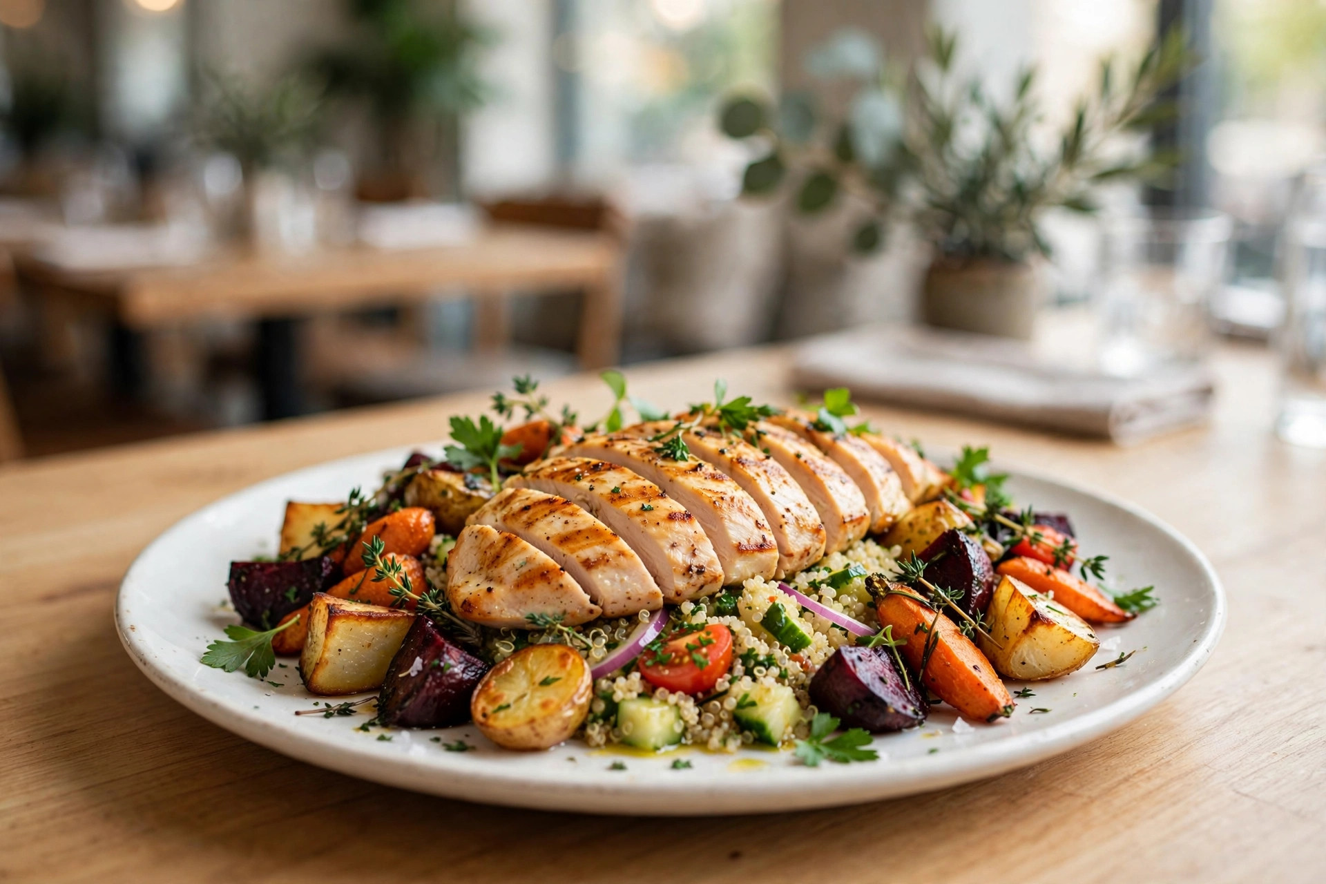 Grillad kyckling med quinoasallad och rostade rotfrukter på vit tallrik i ljus restaurangmiljö