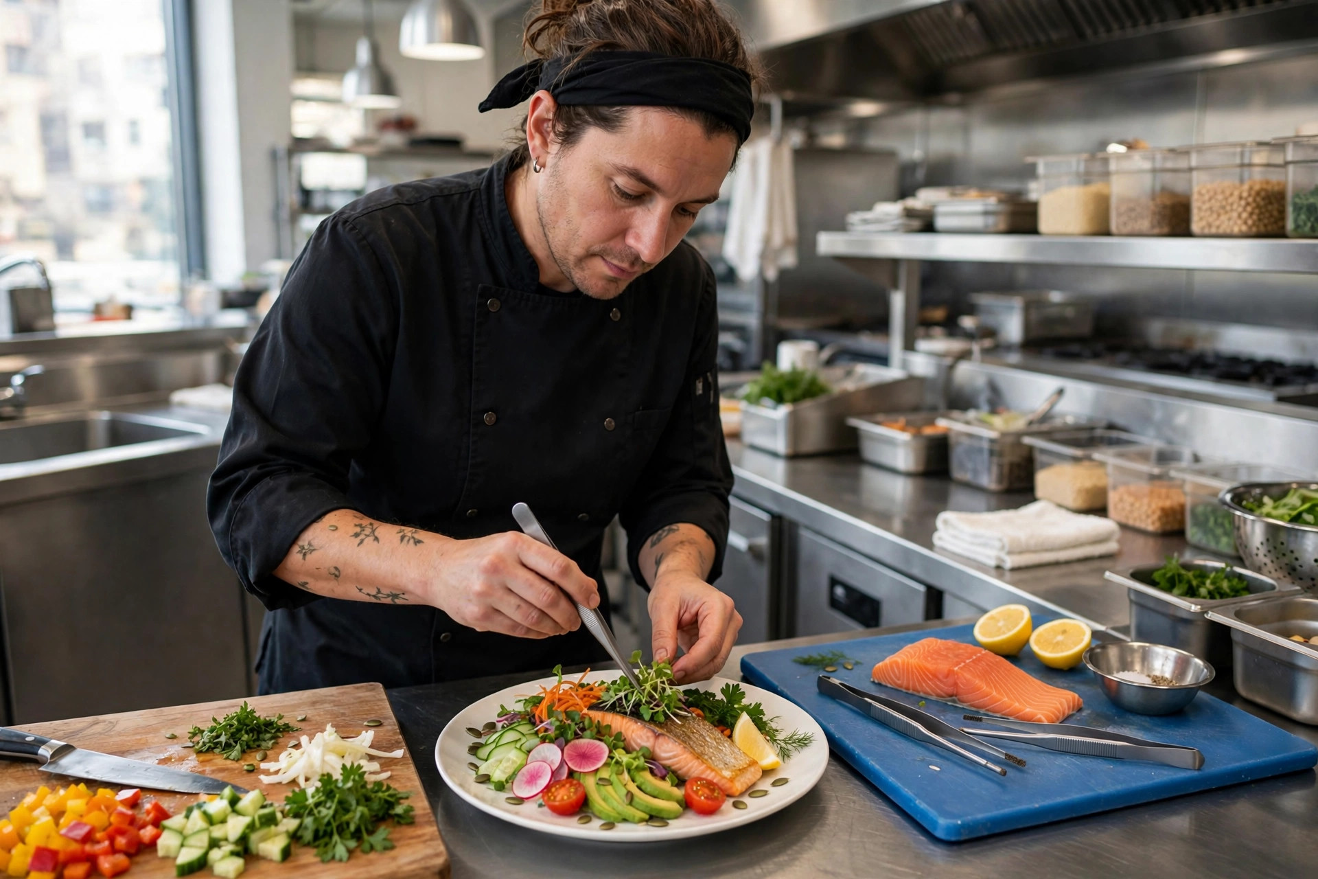 Kokke tilbereder en allergivennlig rett med ferske grønnsaker på et rent, separat skjærebrett i et profesjonelt restaurantkjøkken