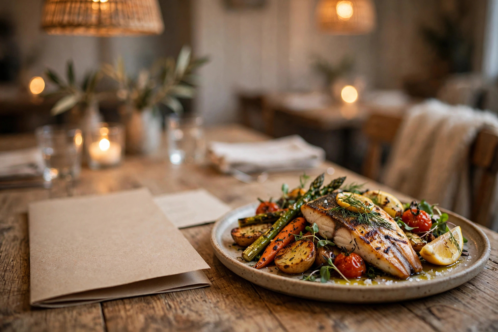 Glutenfri fiskerett servert ved siden av restaurantens meny på et trebord i et koselig skandinavisk restaurantlokale