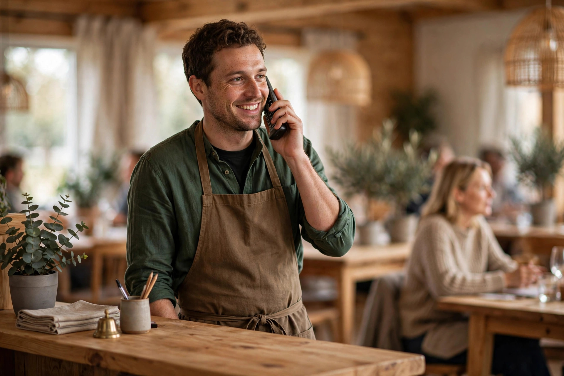 Restaurantsjef som svarer gjestenes spørsmål på telefonen ved resepsjonen