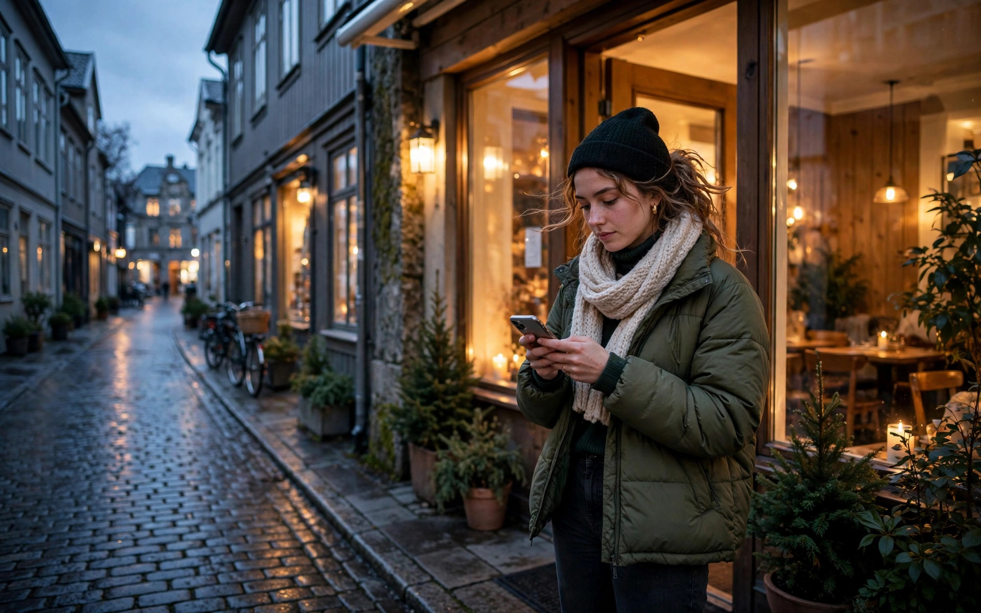 Gjest utenfor restaurant som sjekker spørsmål og svar på mobilen