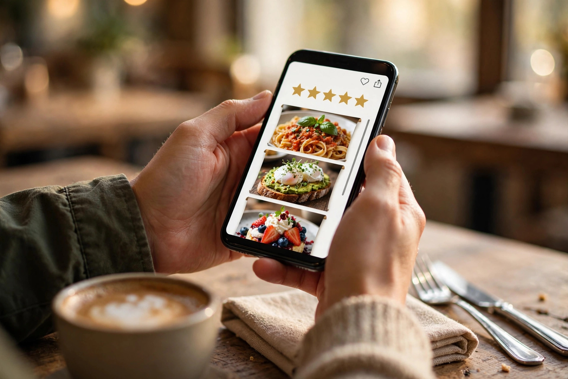 Hands holding a smartphone showing a restaurant review with five gold stars and food photos over a café table