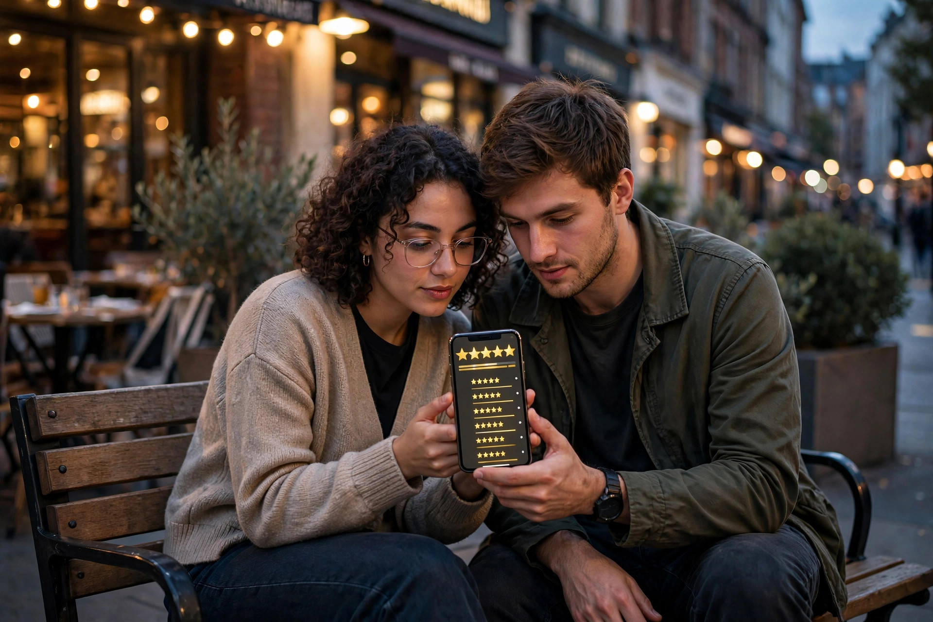 A couple outside a restaurant at dusk checking star ratings and reviews on a smartphone before choosing where to eat