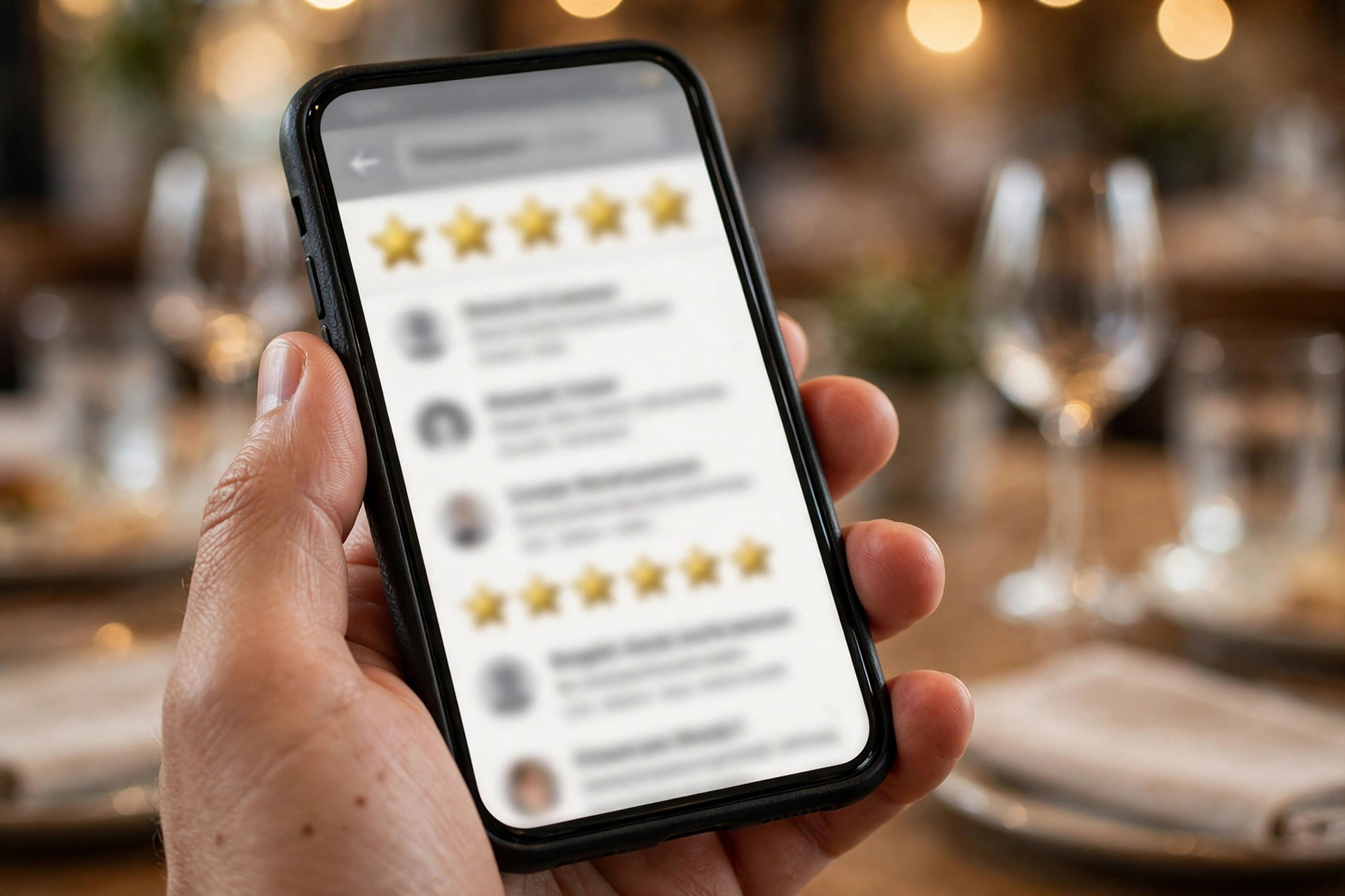 Närbild av mobil som visar en restaurangs stjärnbetyg och recensioner