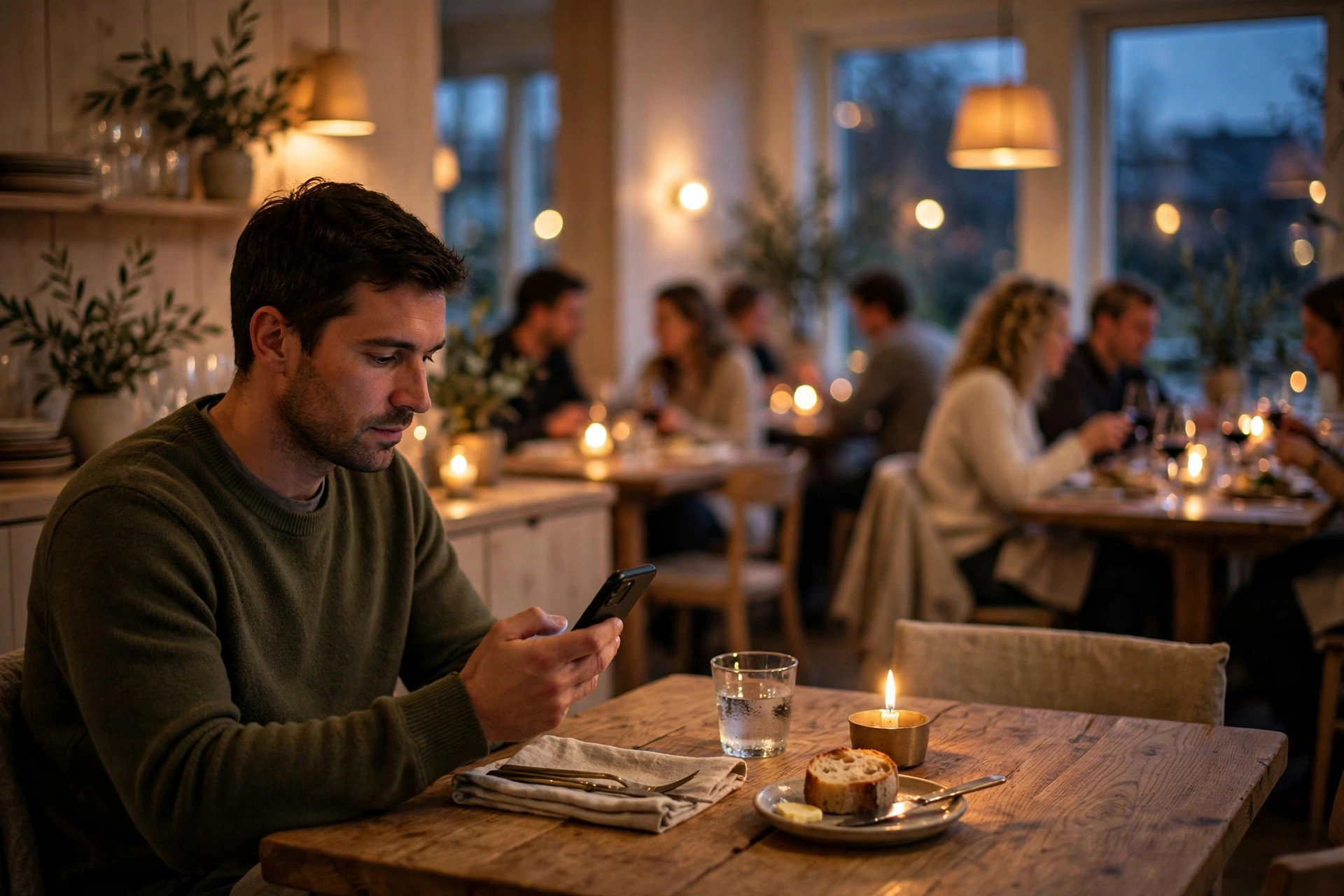 Gäst i skandinavisk restaurang som läser restaurangrecensioner på mobilen