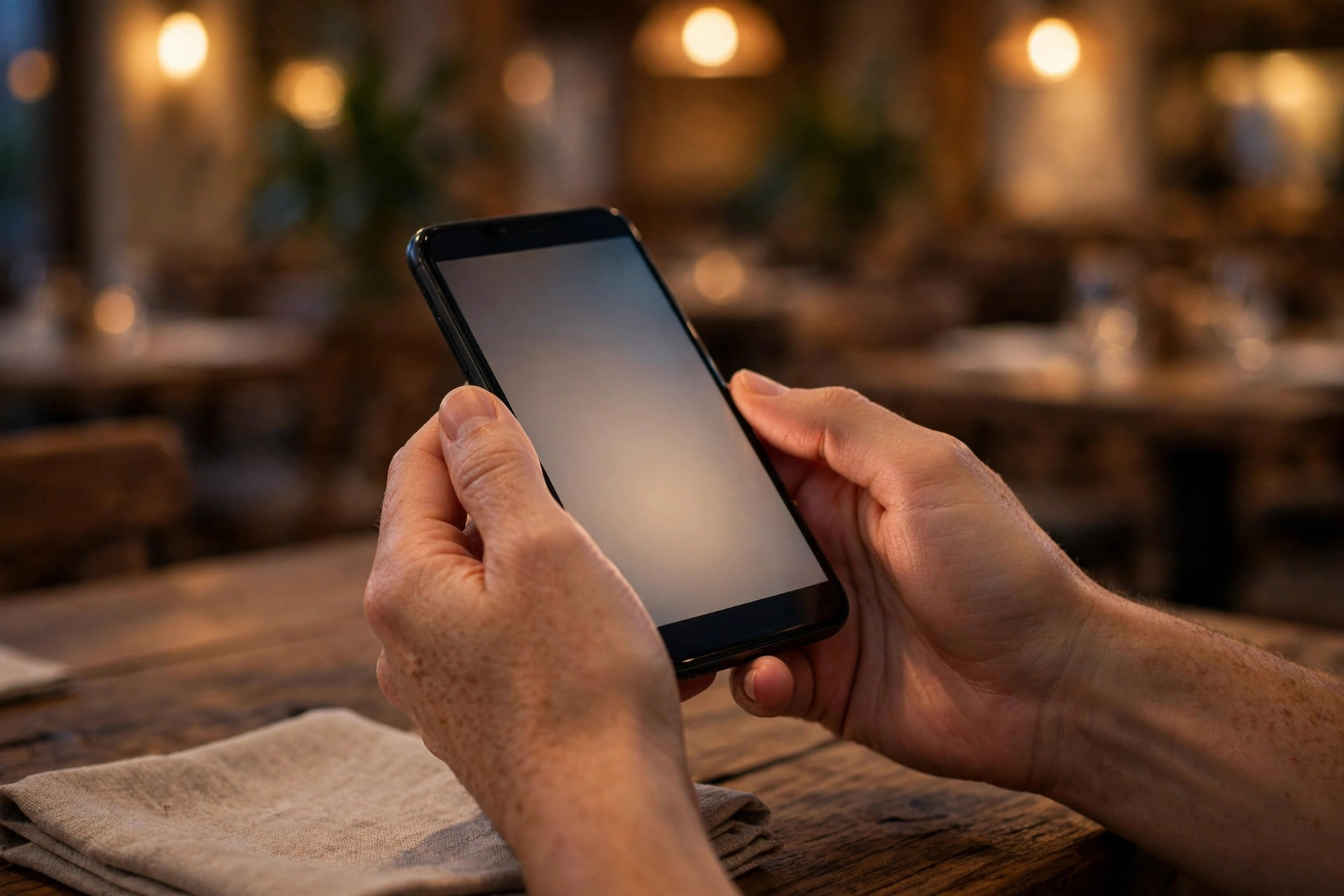 Nærbilde av hender som holder en smarttelefon ved et restaurantbord