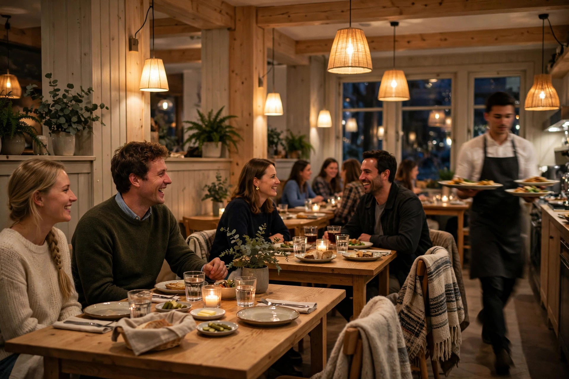 Koselig restaurant med gjester som spiser middag i varmt lys
