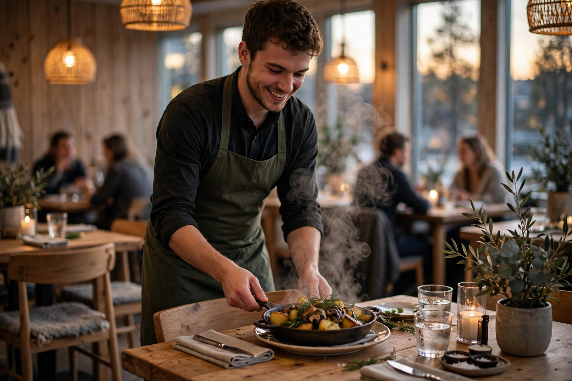 Smilende kelner som serverer en dampende rett i en koselig restaurant