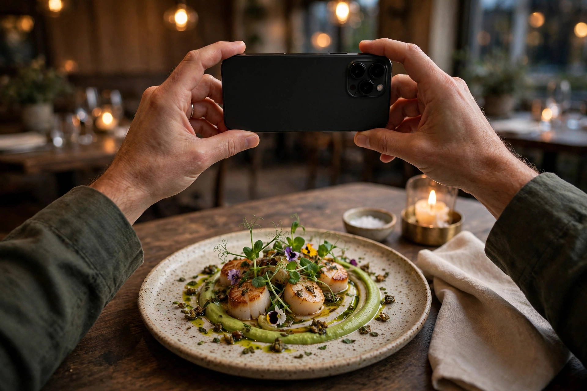 Gjestehender som holder en smarttelefon over en anrettet rett på et restaurantbord i levende lys