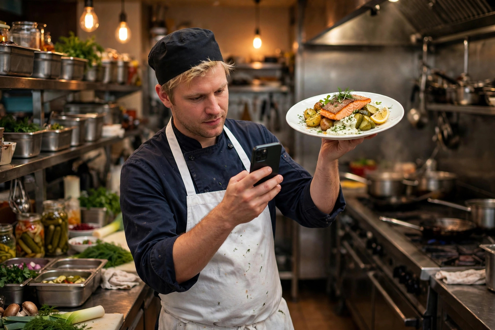 Kock i svenskt restaurangkök håller upp en upplagd rätt för en snabb mobilbild under pågående service