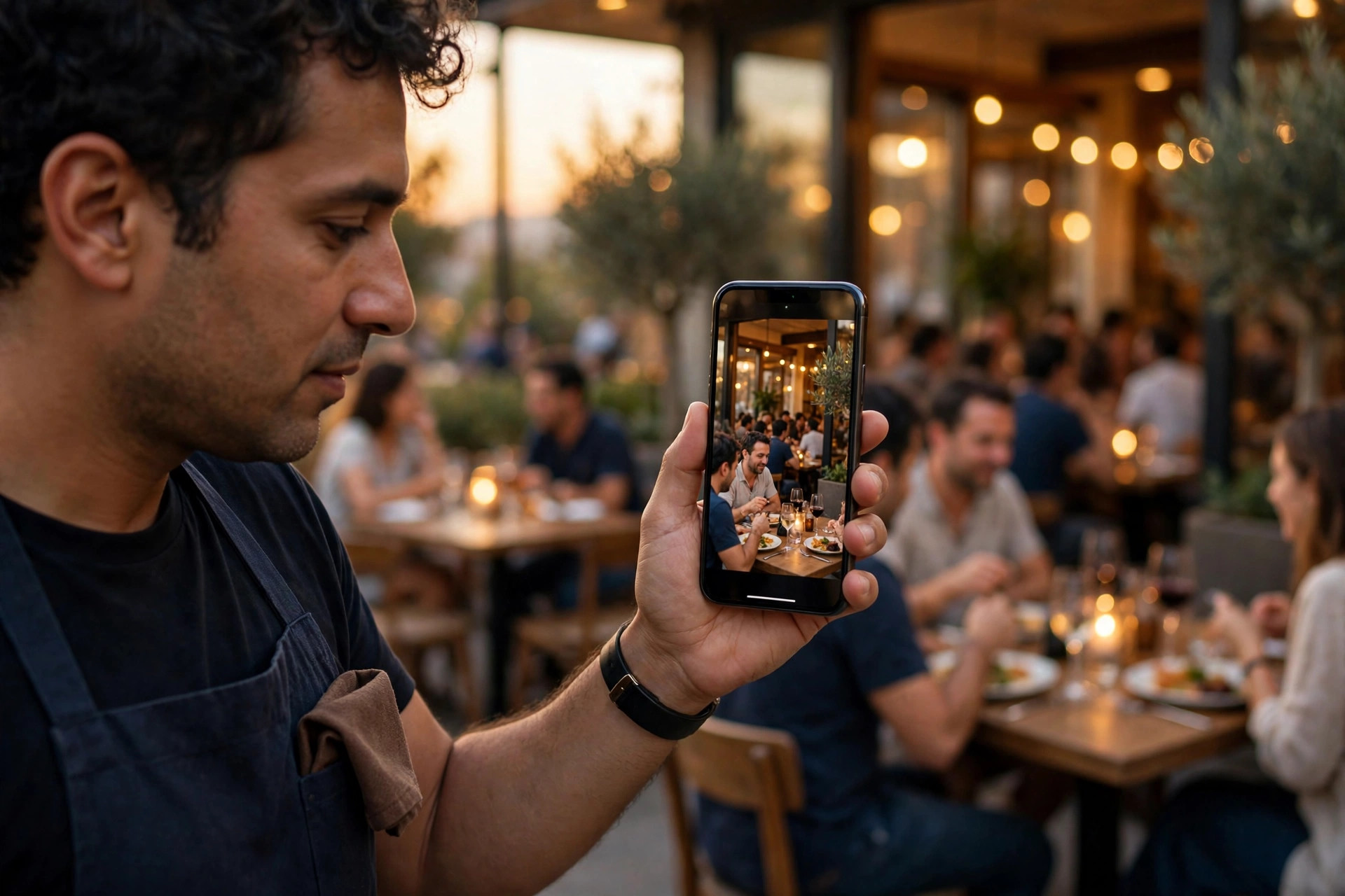 Restaurangägare skapar en Instagram Story med mobilen i en fullsatt svensk restauranglokal på kvällen