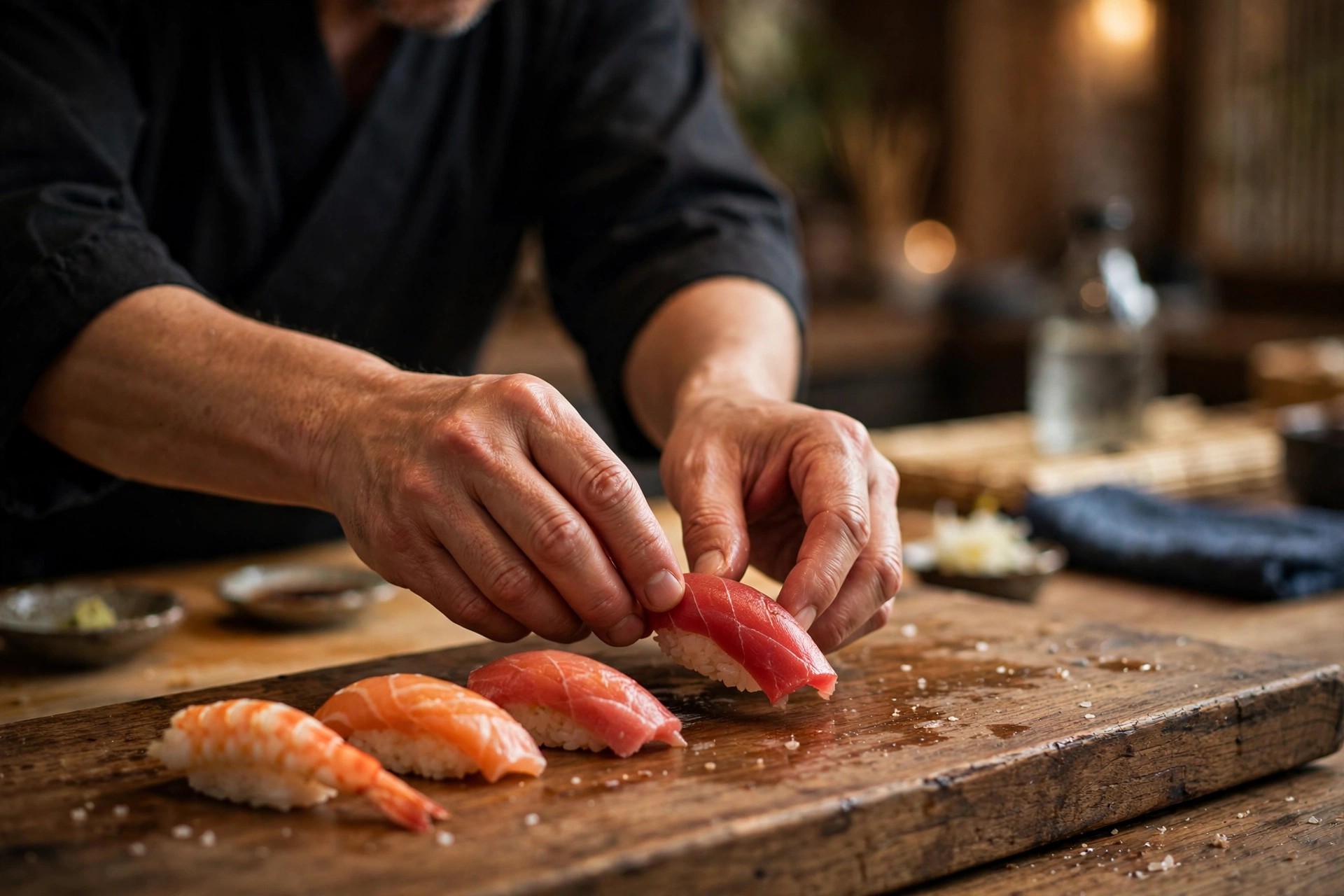 A sushi chef's hands carefully placing nigiri sushi on a wooden counter at an omakase bar