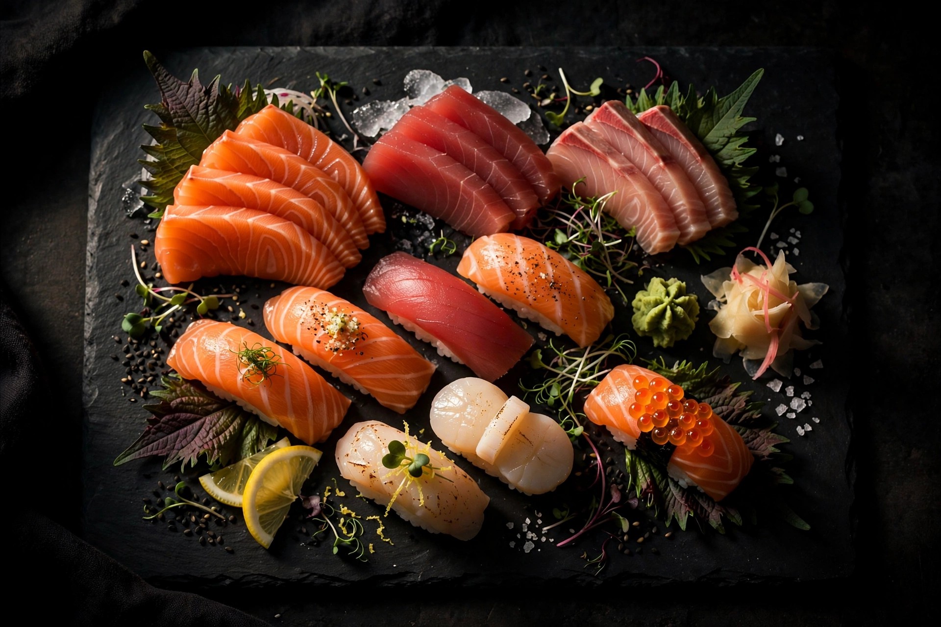 Overhead shot of an elegant sushi and sashimi platter arranged on a dark slate board