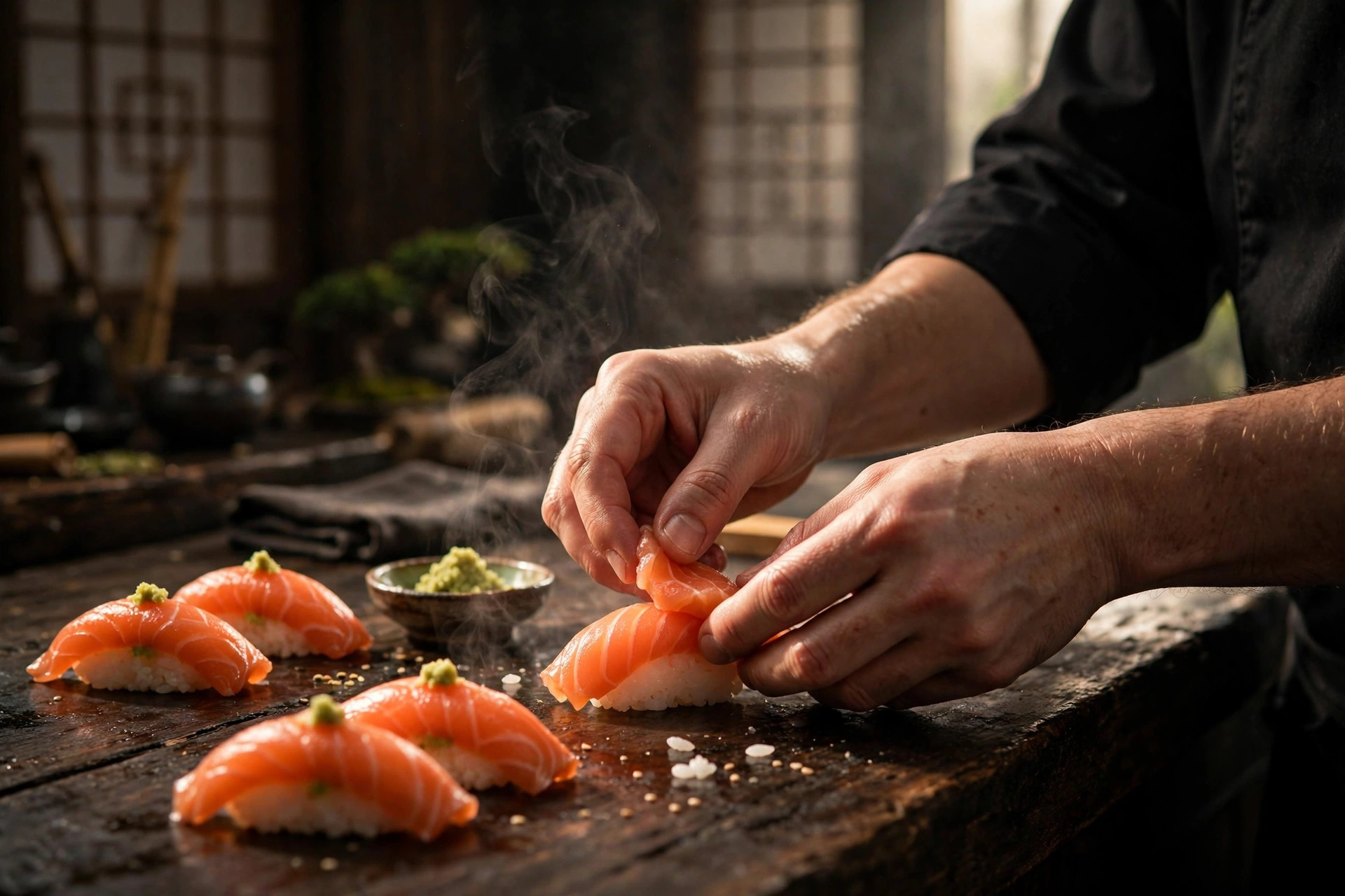 Sushikokki valmistaa tuoretta nigiriä tummalla puisella tiskillä tunnelmallisessa ravintolassa