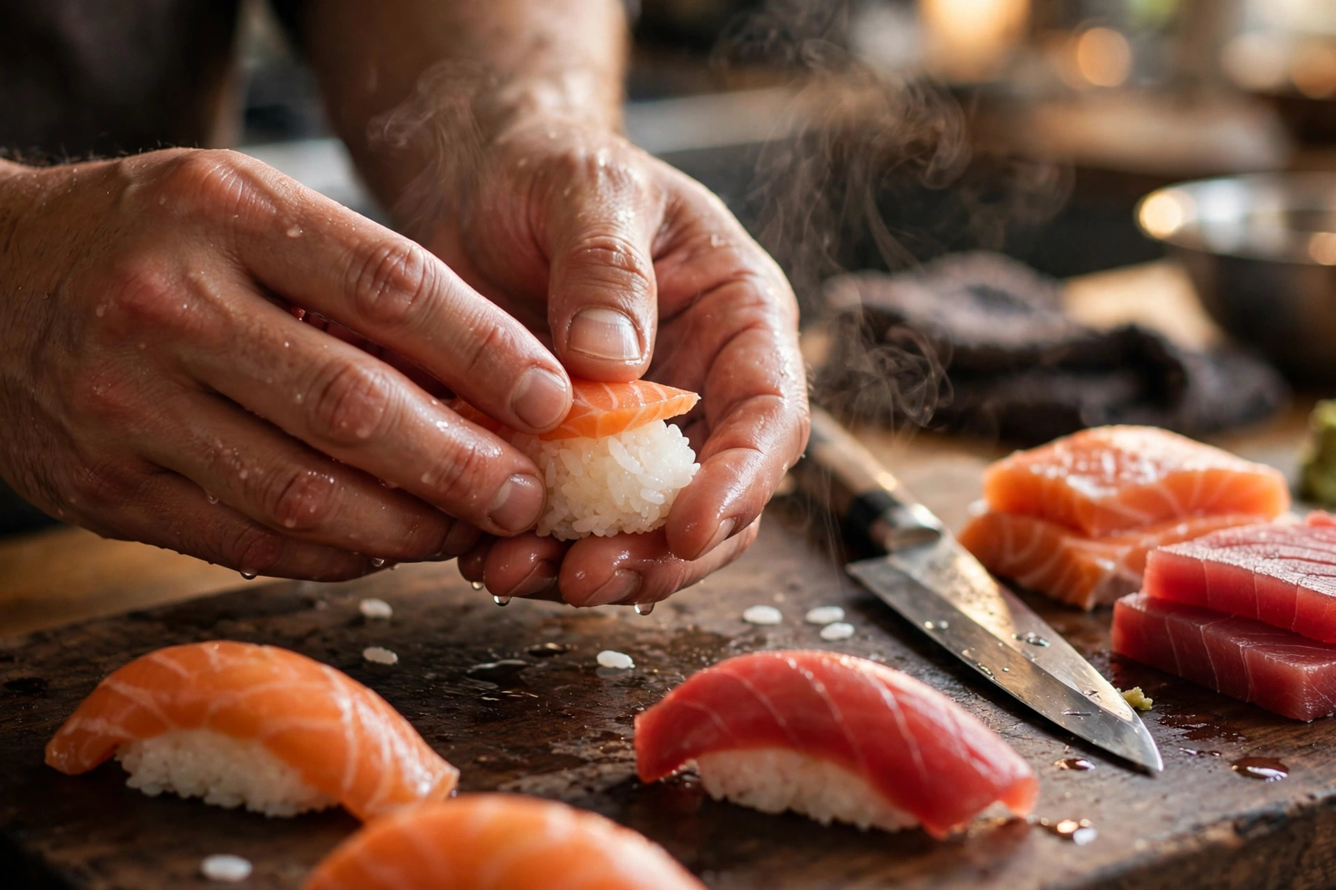 Sushikockens händer som formar nigiri med färsk lax på en träskärbräda