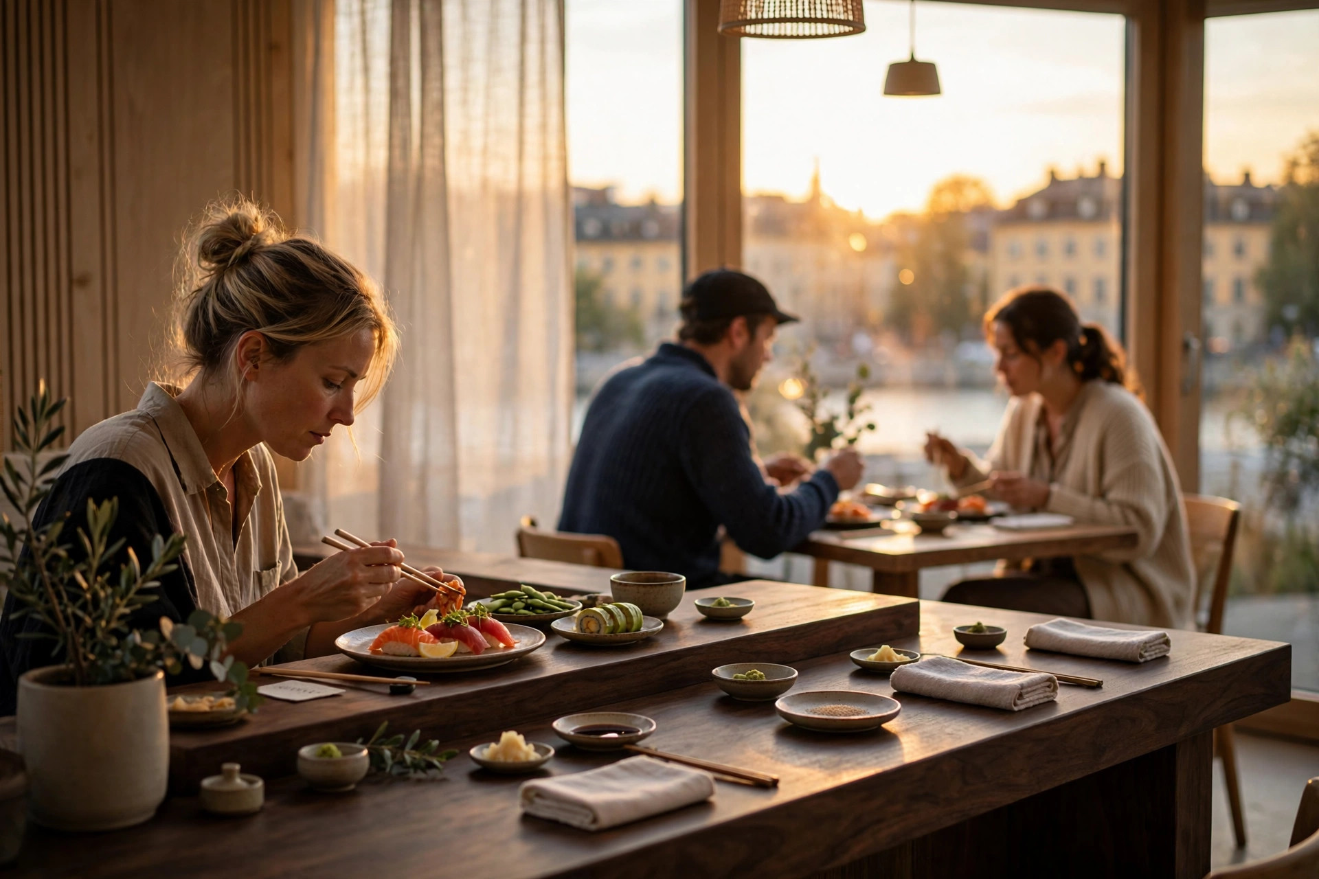 Gäster som äter sushi i en modern sushirestaurang i Stockholm i kvällsljus