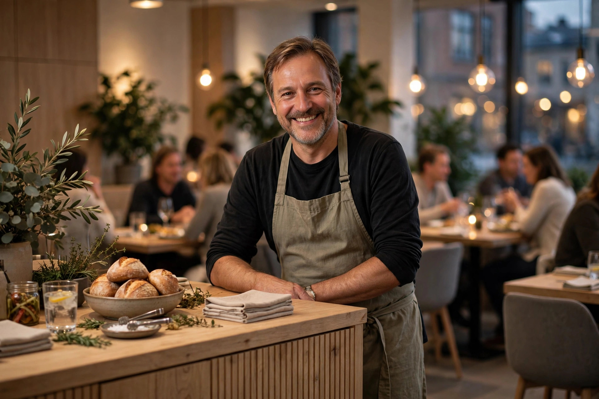Daglig leder i forkle smiler varmt bak disken i en moderne norsk restaurant