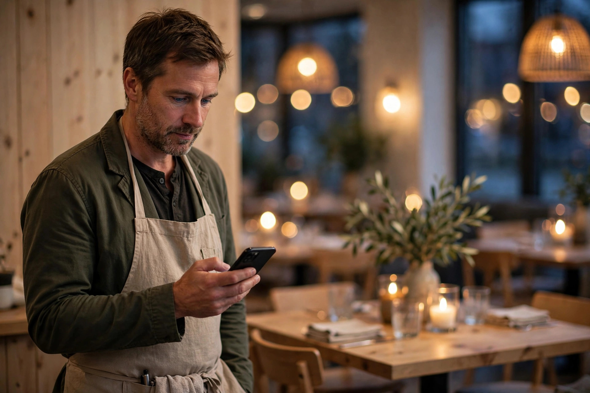 Restaurangägare som läser en recension på mobilen i en skandinavisk restaurangmatsal