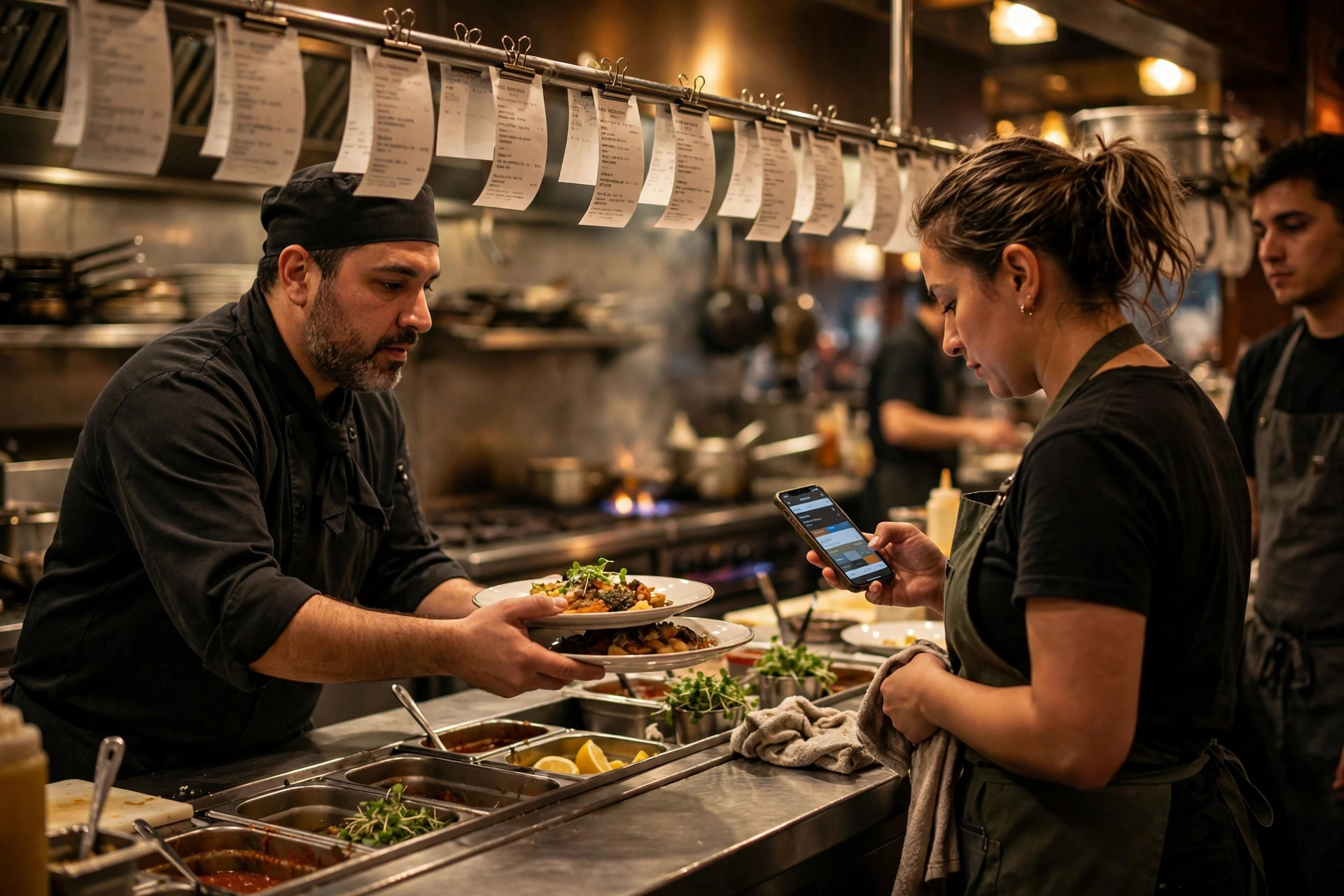Chef handing plated dishes to a server checking her phone at a busy restaurant kitchen pass during dinner service