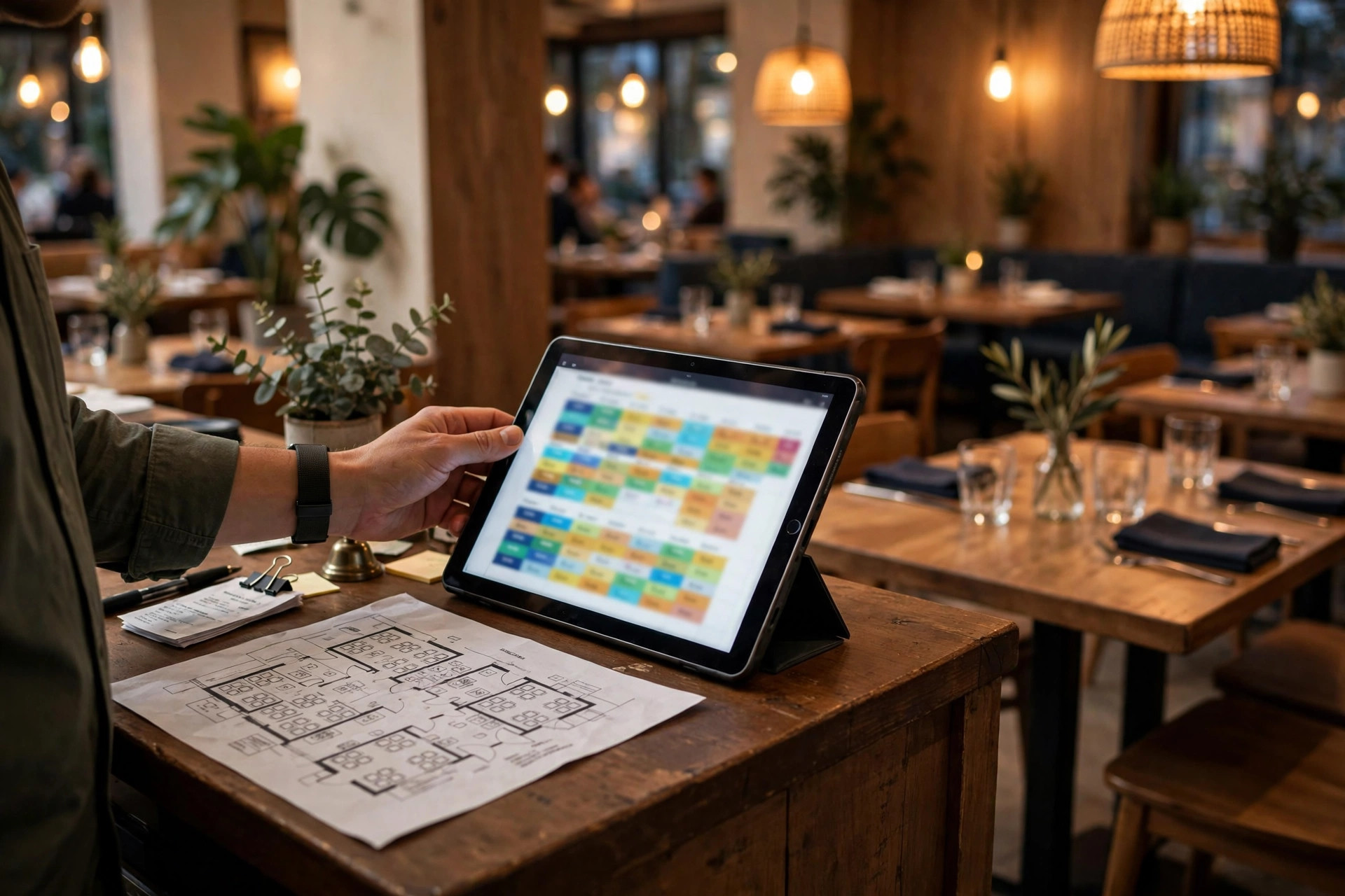 Host's hand on a tablet showing a colour-coded booking schedule next to a printed floor plan at a restaurant host stand