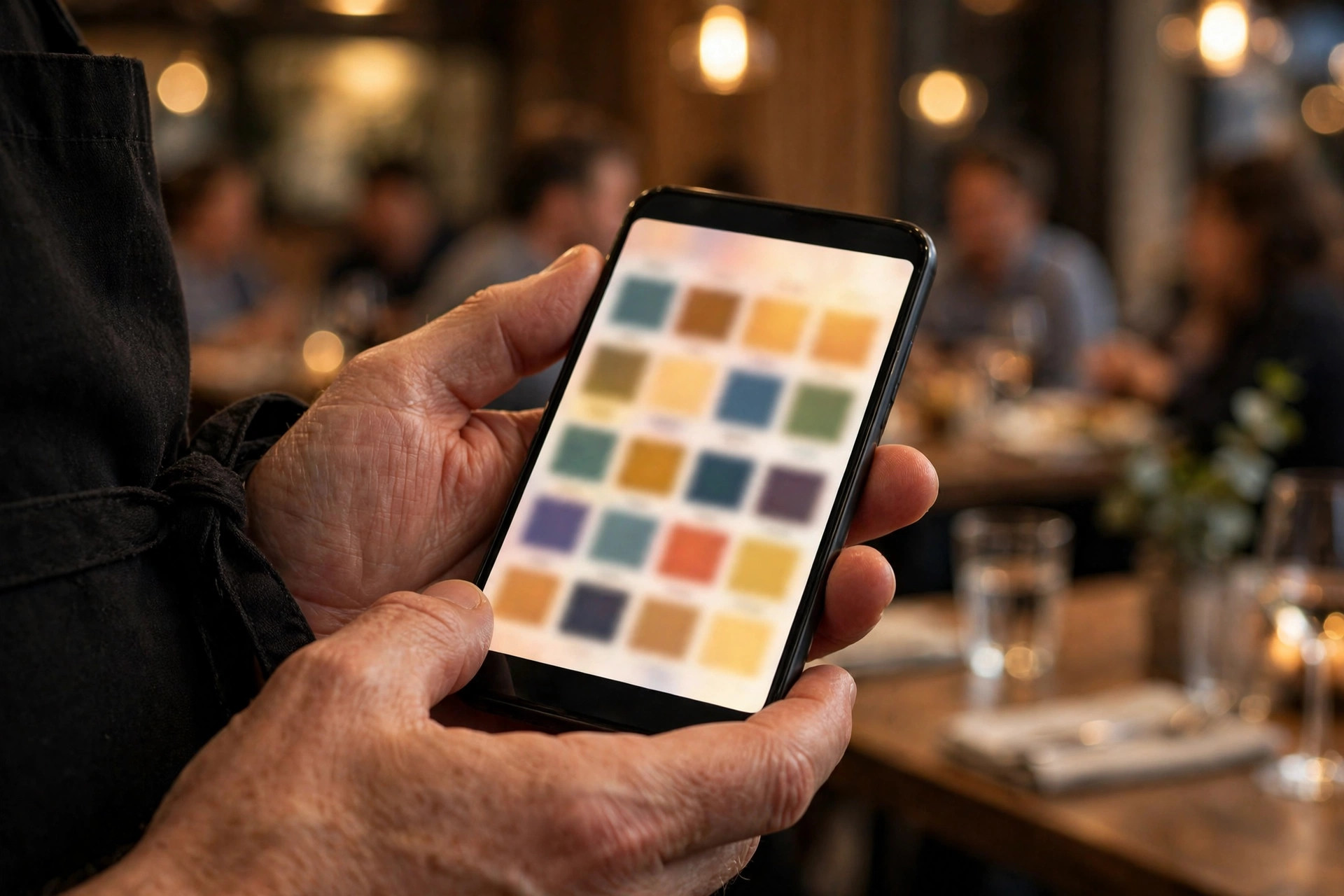 Servitörens händer håller en smartphone som visar restaurangens bokningskalender – suddig restaurangmiljö i bakgrunden