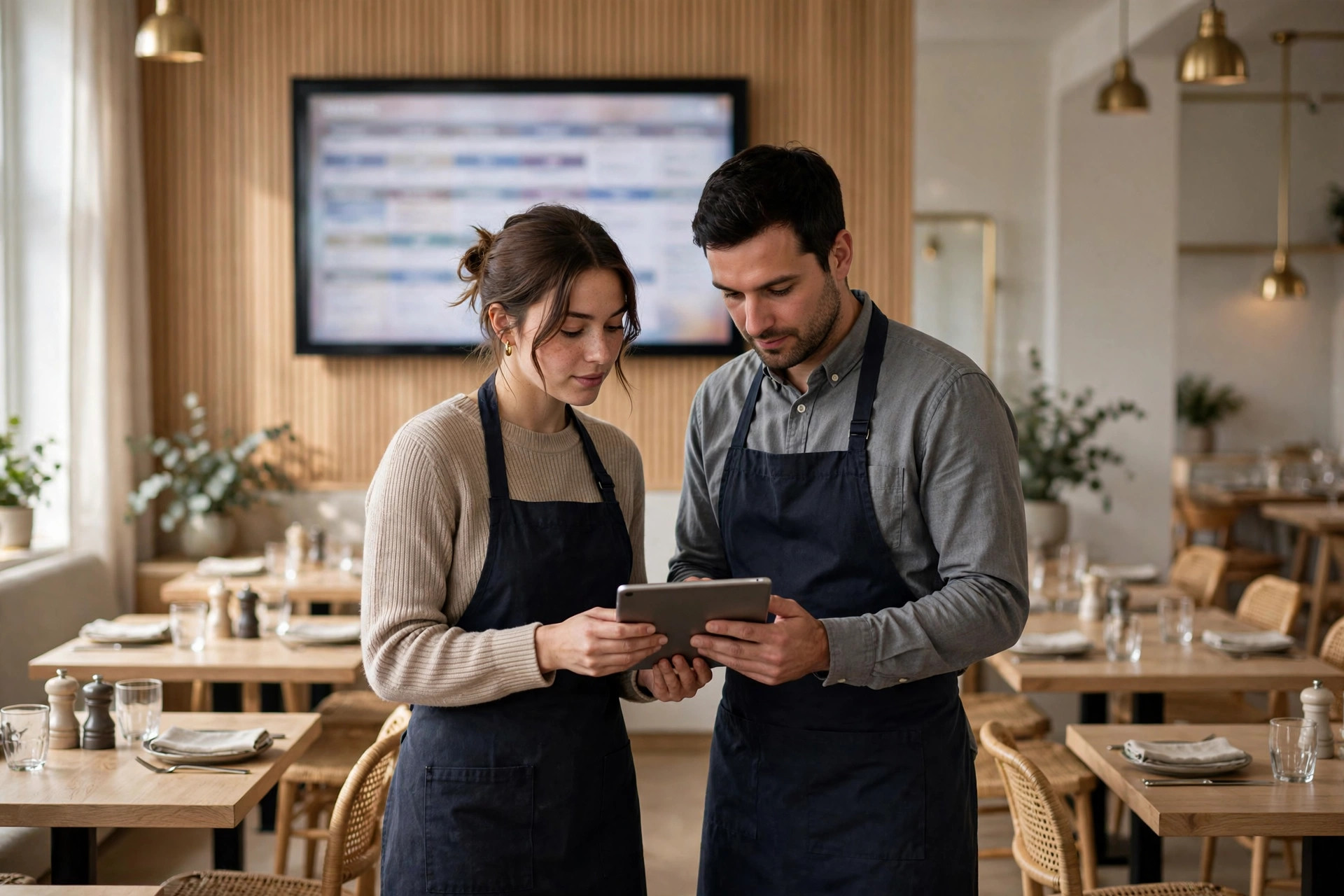 Två restauranganställda i mörka förkläden tittar tillsammans på en surfplatta under en genomgång inför kvällens sittningar i en modern skandinavisk restaurang