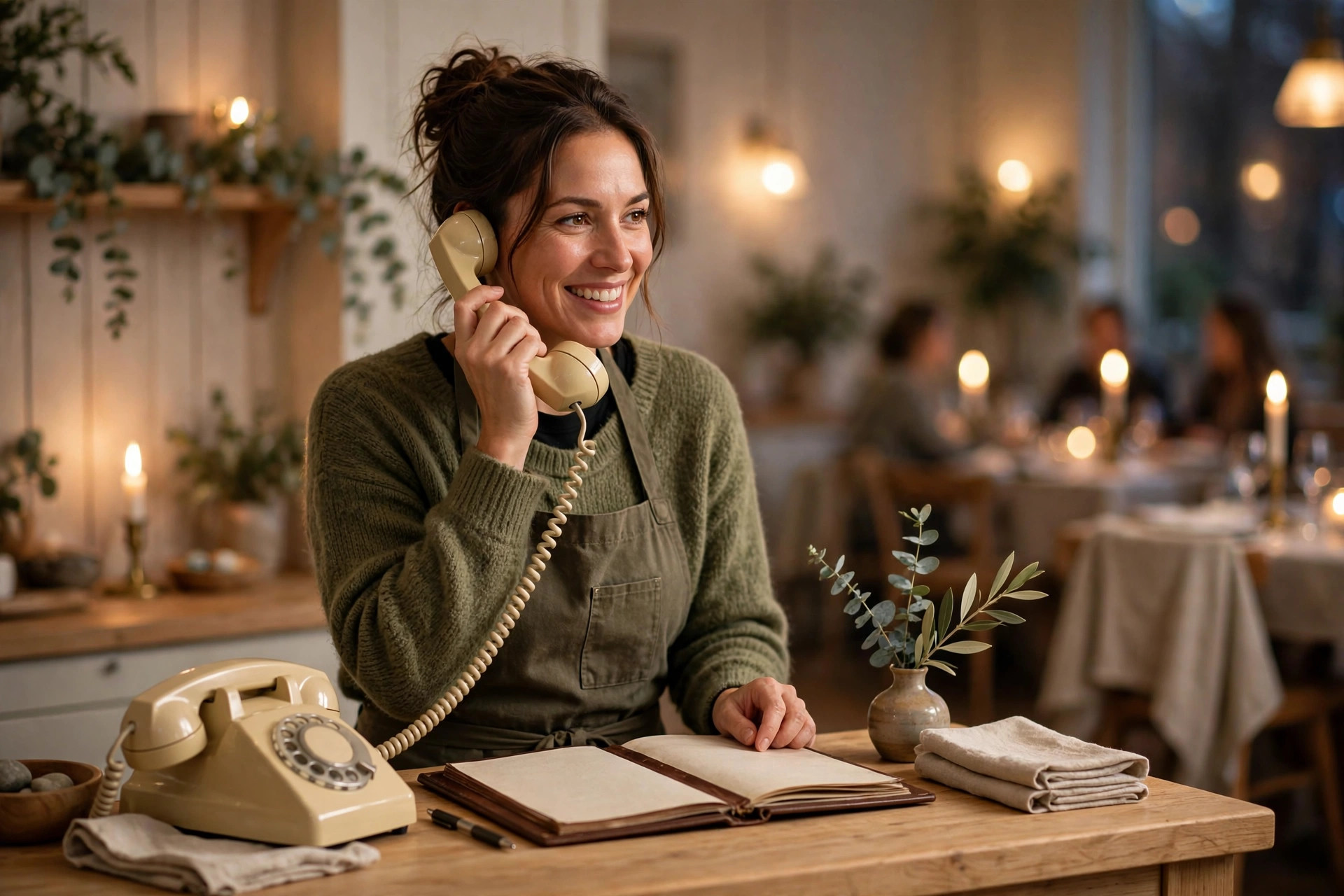 Vert i en norsk restaurant som vennlig besvarer en telefon ved resepsjonen, med reservasjonsbok på disken