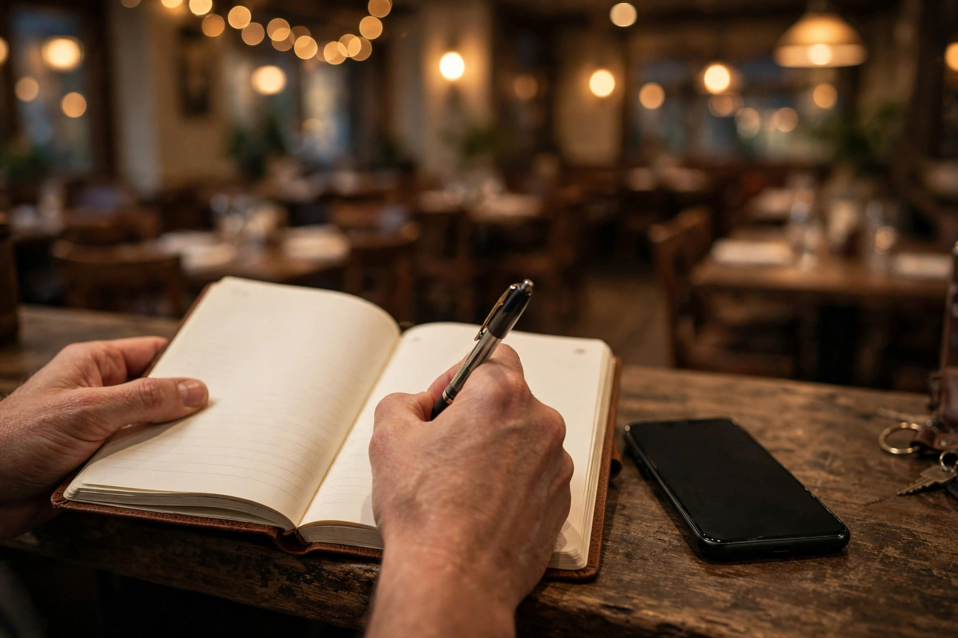Hands writing a reservation in a paper booking diary next to a phone on a restaurant counter
