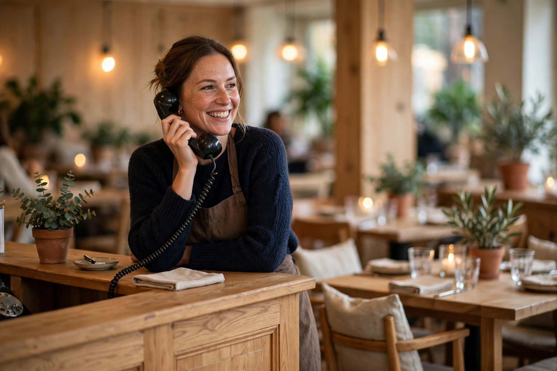 Smiling hostess answering the phone at the reception desk of a cozy Nordic restaurant