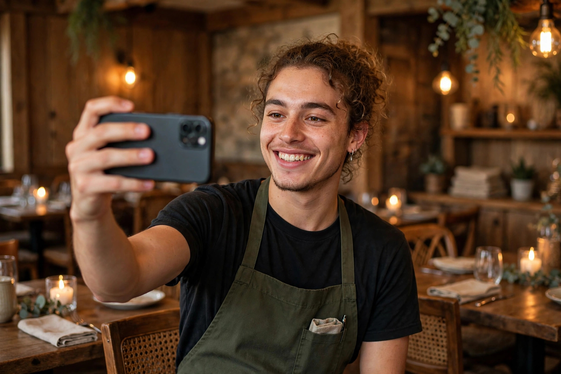 Leende restauranganställd filmar en bakom-kulisserna-video med mobilen i en mysig restauranglokal