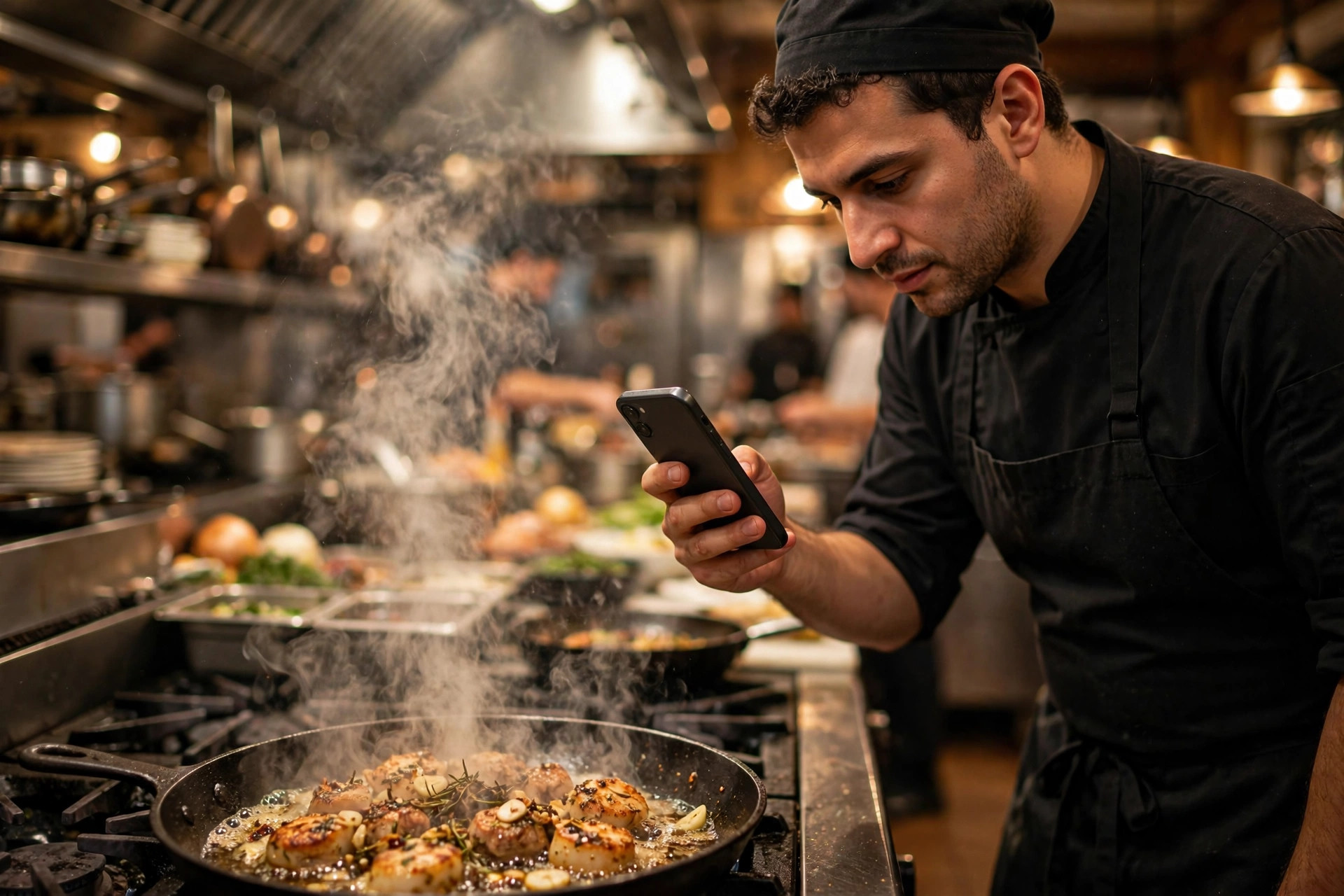 Kock i ett restaurangkök filmar en fräsande rätt med sin mobiltelefon för TikTok