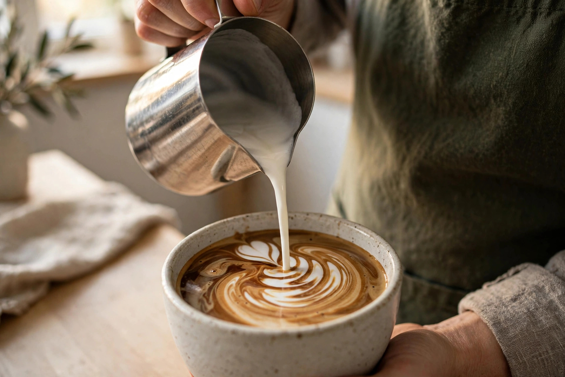 A barista pouring latte art in a cozy Nordic café in warm morning light
