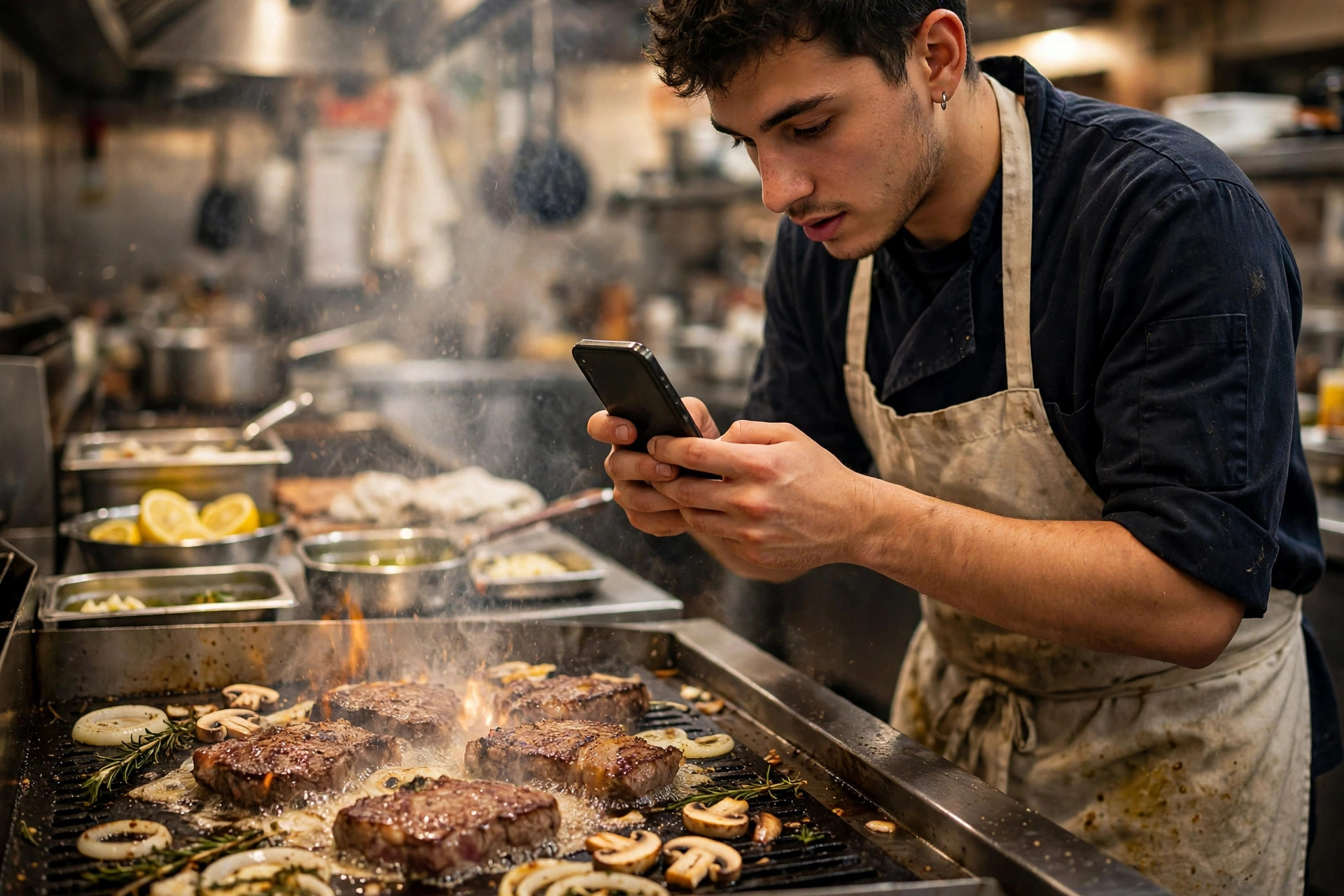 A cook filming a vertical smartphone video of food sizzling on a grill in a restaurant kitchen