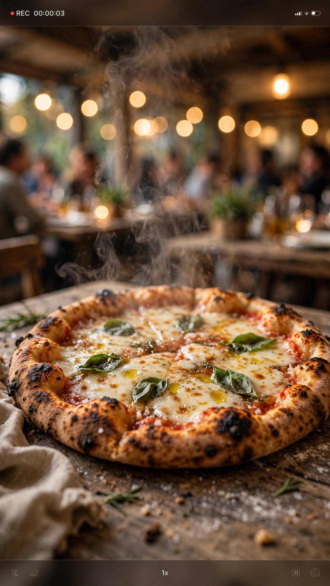 Älypuhelin kuvaa lähikuvaa höyryävästä pizzasta ravintolapöydässä