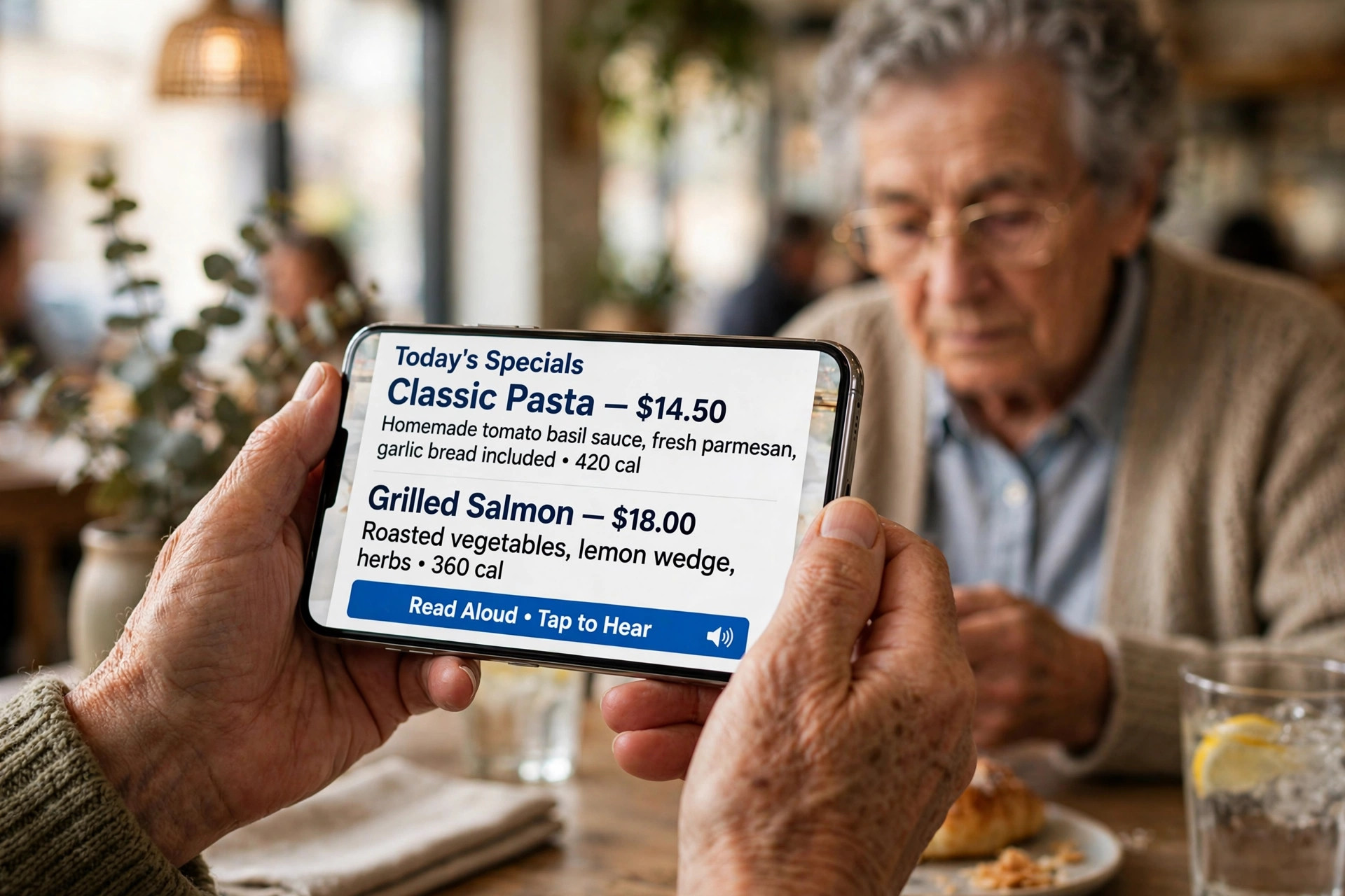 Äldre gäst som läser en förstorad mobilskärm vid ett restaurangbord — textstorlek och kontrast avgör om hen kan ta del av menyn