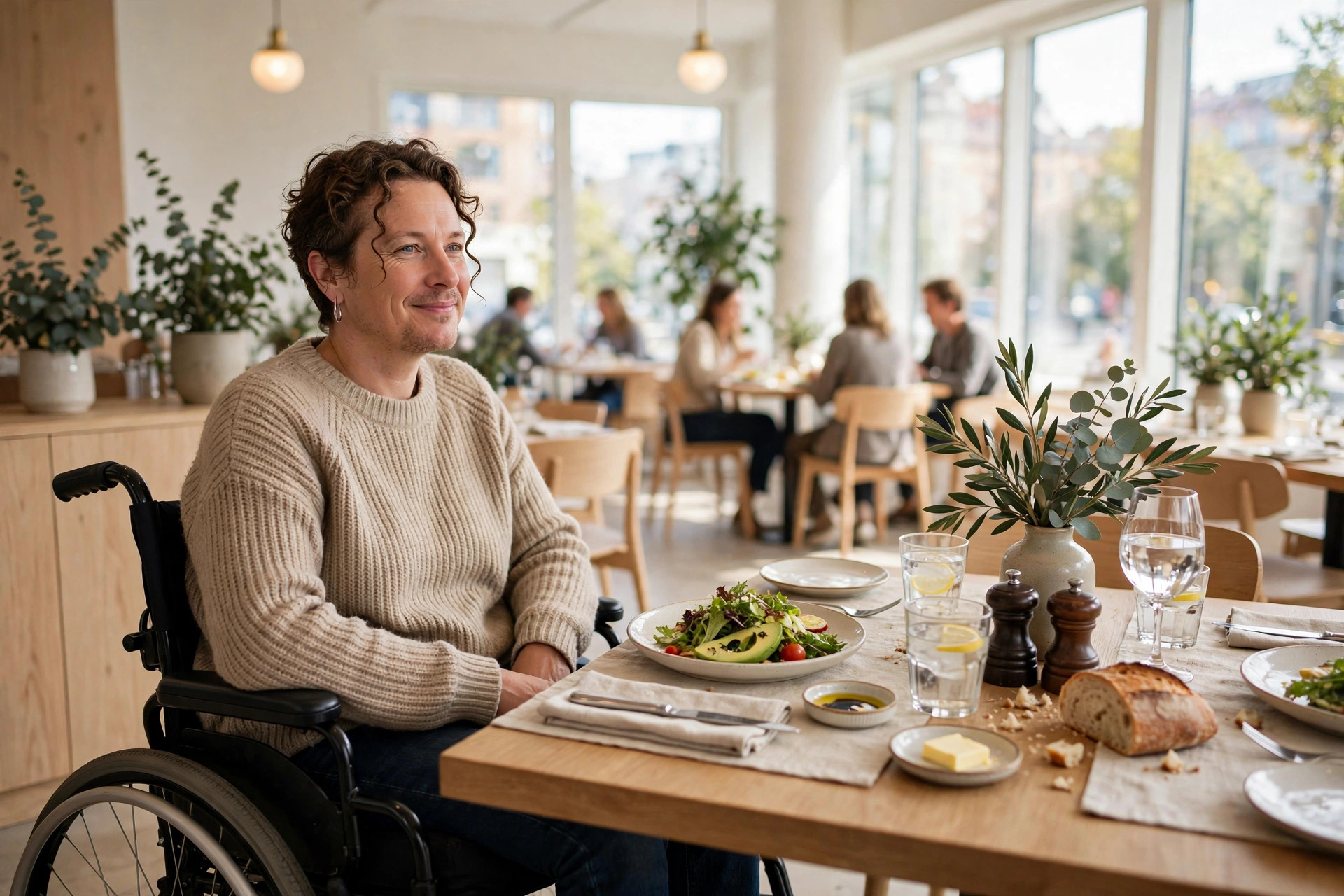 Gäst i rullstol vid ett bord i en ljus skandinavisk restaurang — tillgänglighet gäller både lokalen och hemsidan