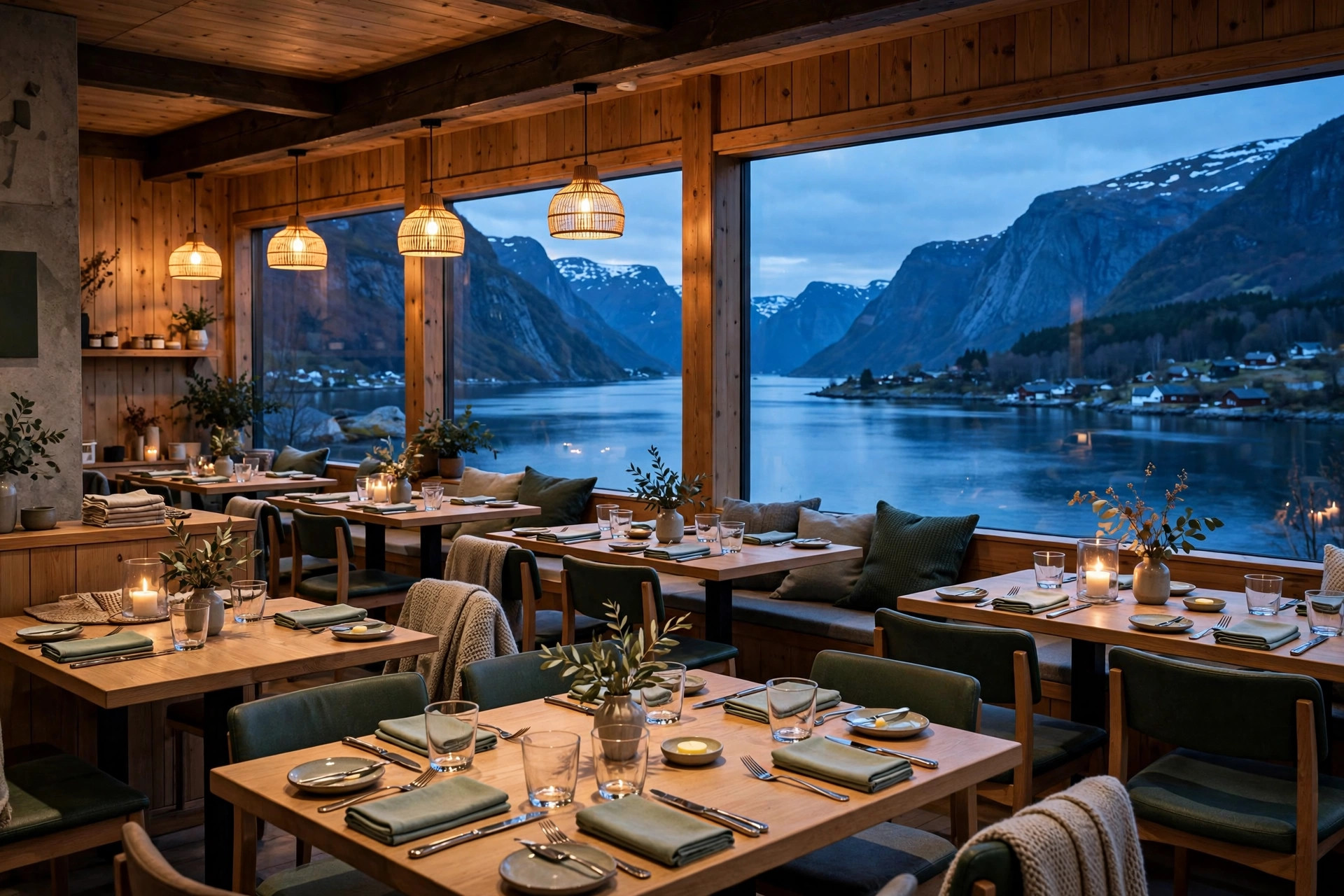 Norsk restaurant med panoramautsikt over fjord i kveldslys