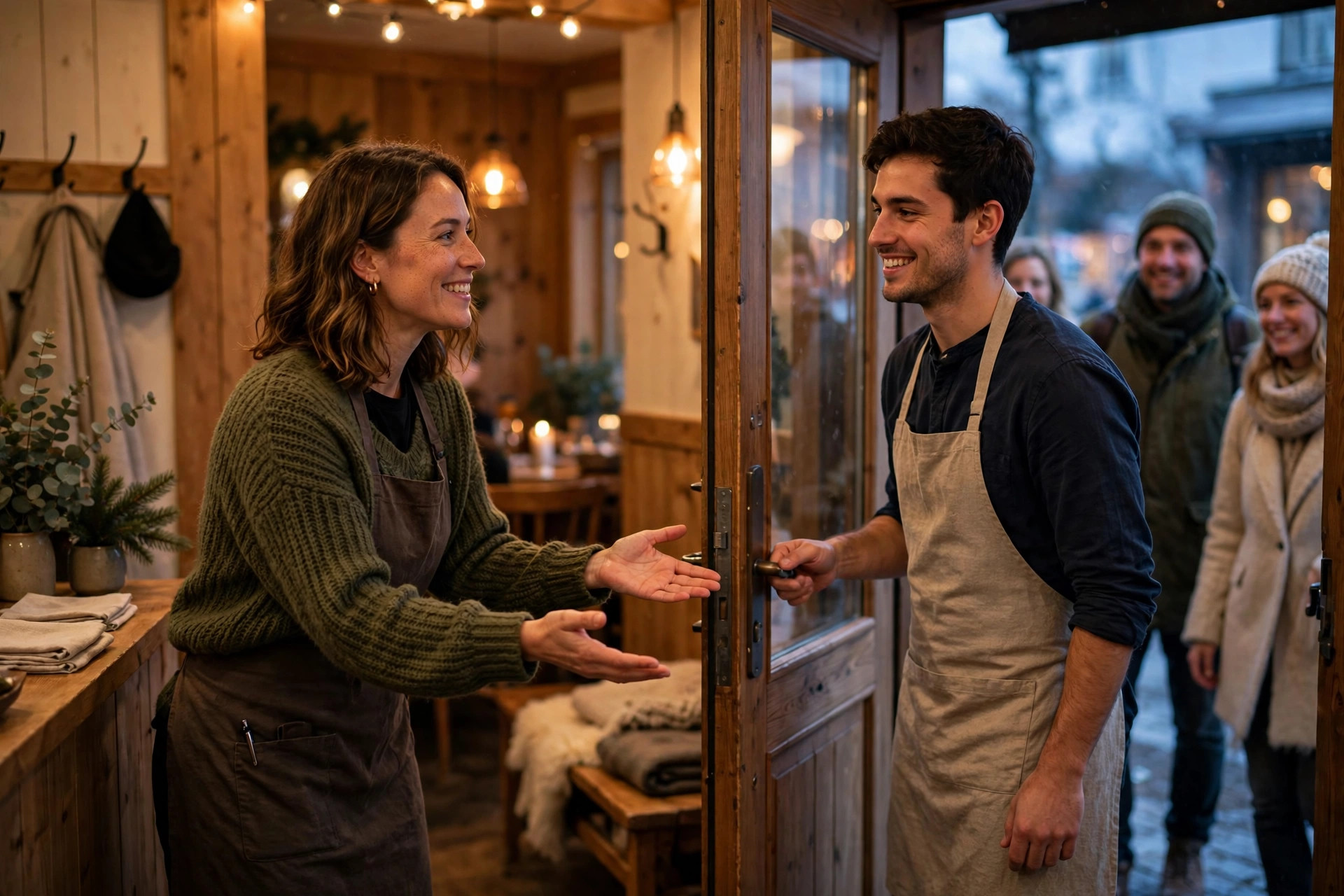A restaurant host warmly welcoming guests at the entrance of a Nordic restaurant