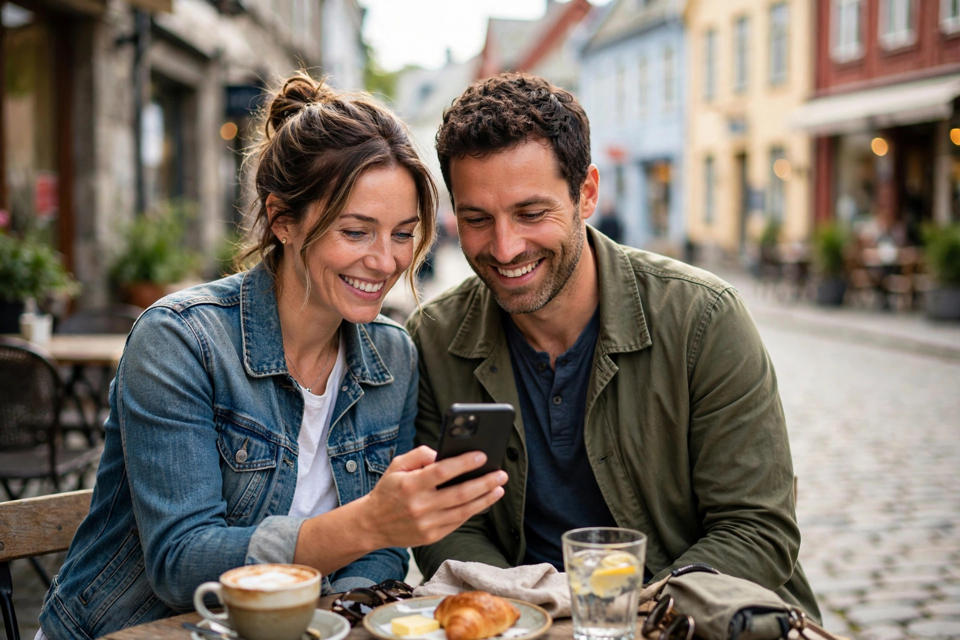 Two tourists checking restaurant reviews on a smartphone at an outdoor café in a Nordic old town