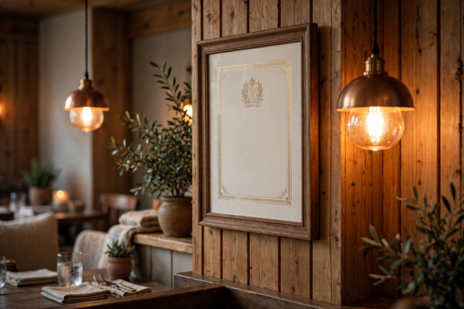 Inrammet utmerkelse på veggen i en restaurant