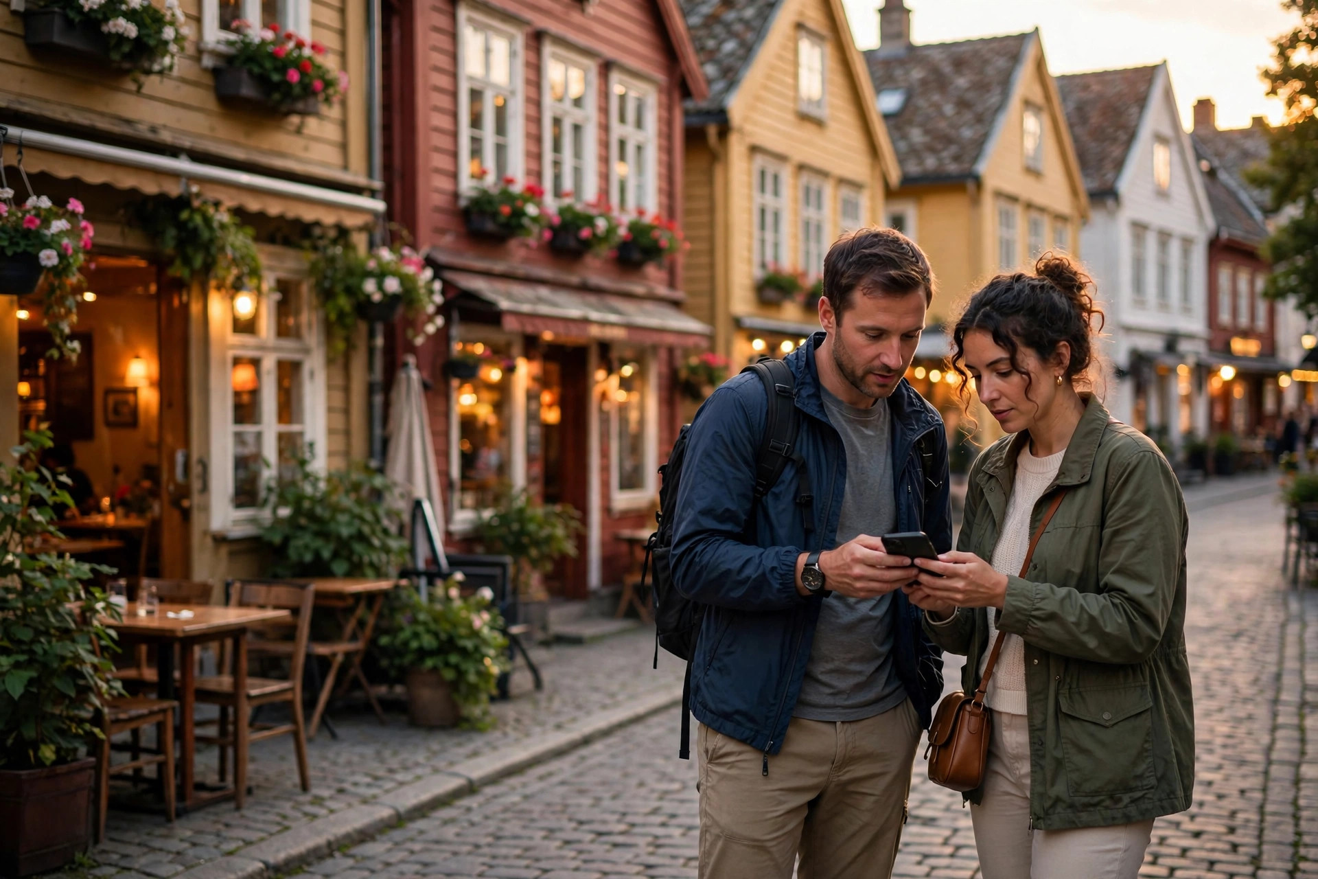 Turister som leser restaurantanmeldelser på smarttelefon utenfor en restaurant