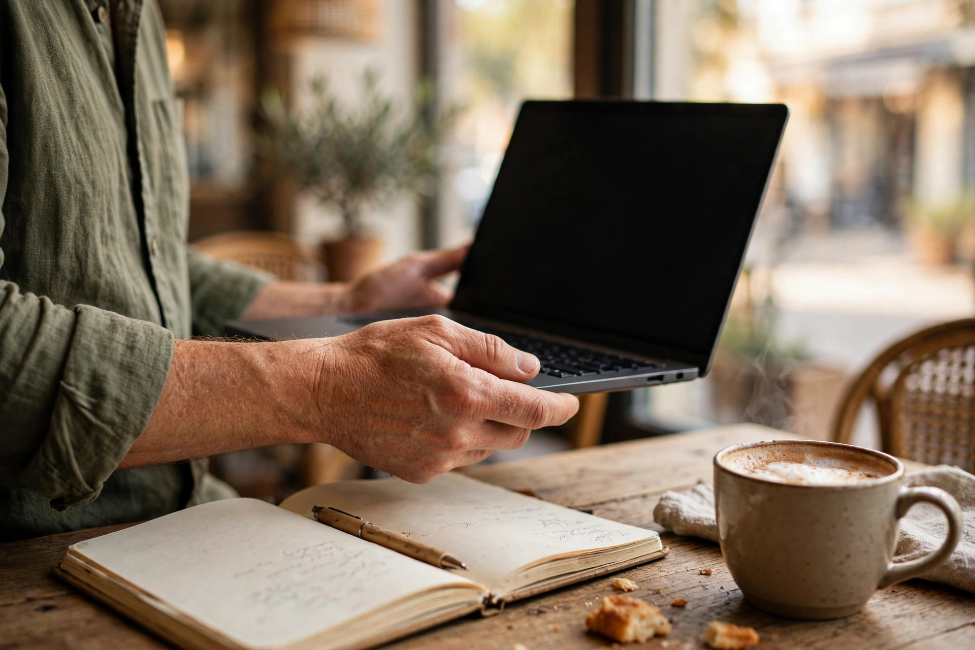 A restaurant owner reviewing the restaurant's online listing on a laptop at a café table