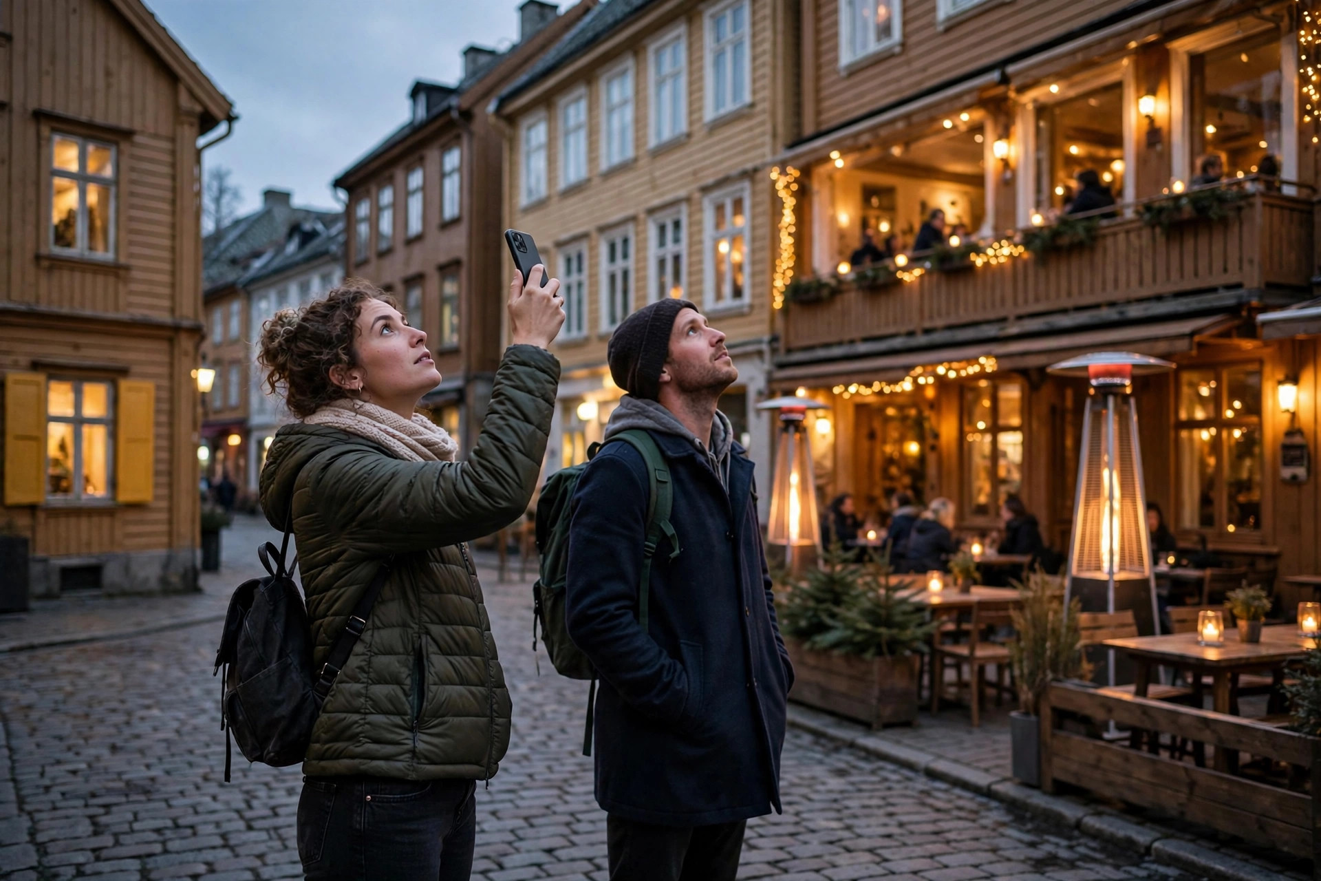 Tourists choosing a restaurant on a smartphone in a Nordic old town at dusk
