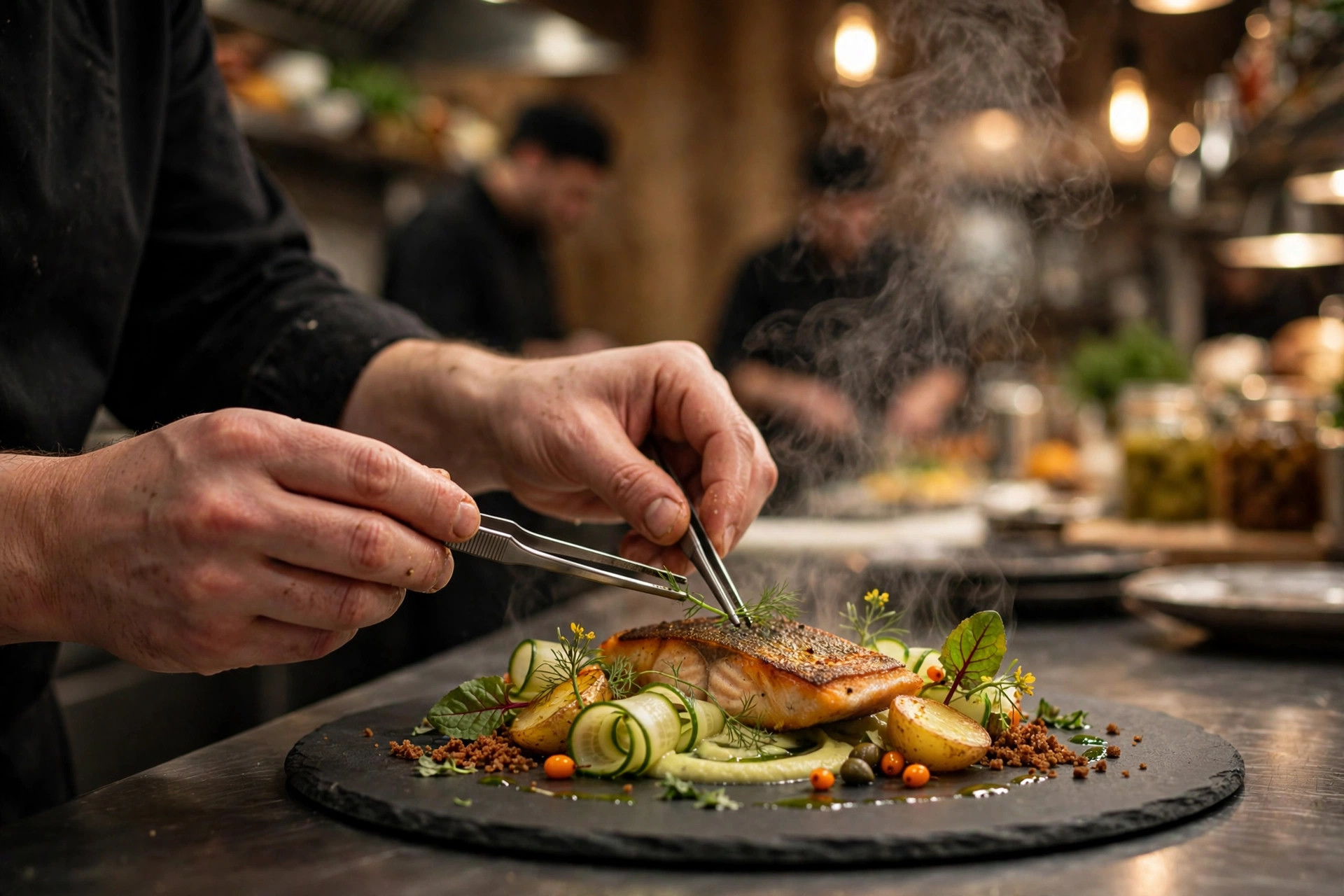 Kokkehender som anretter en nordisk rett på mørk skiferplate i restaurantkjøkkenet