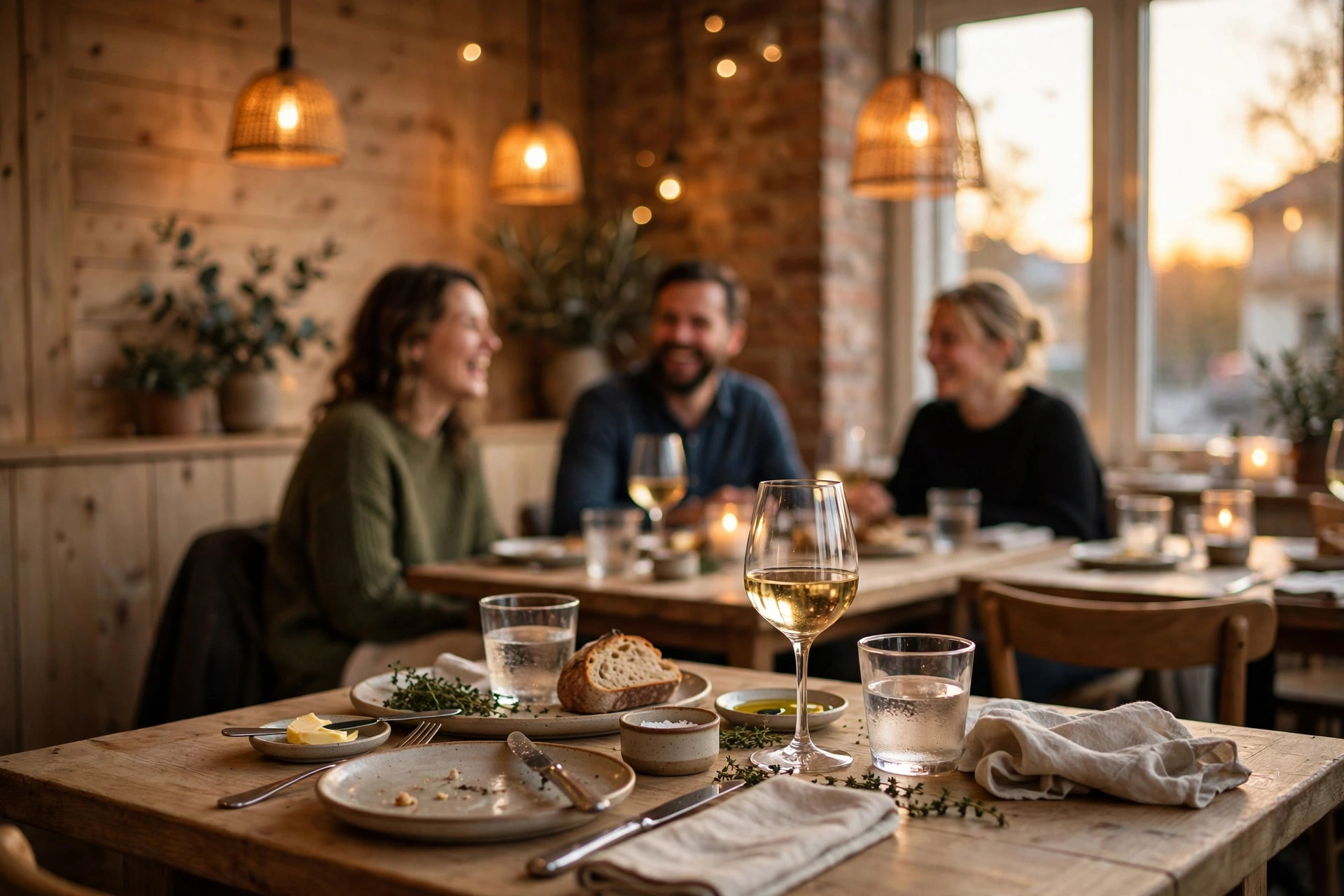Lys og innbydende restaurantinteriør med gjester som spiser middag