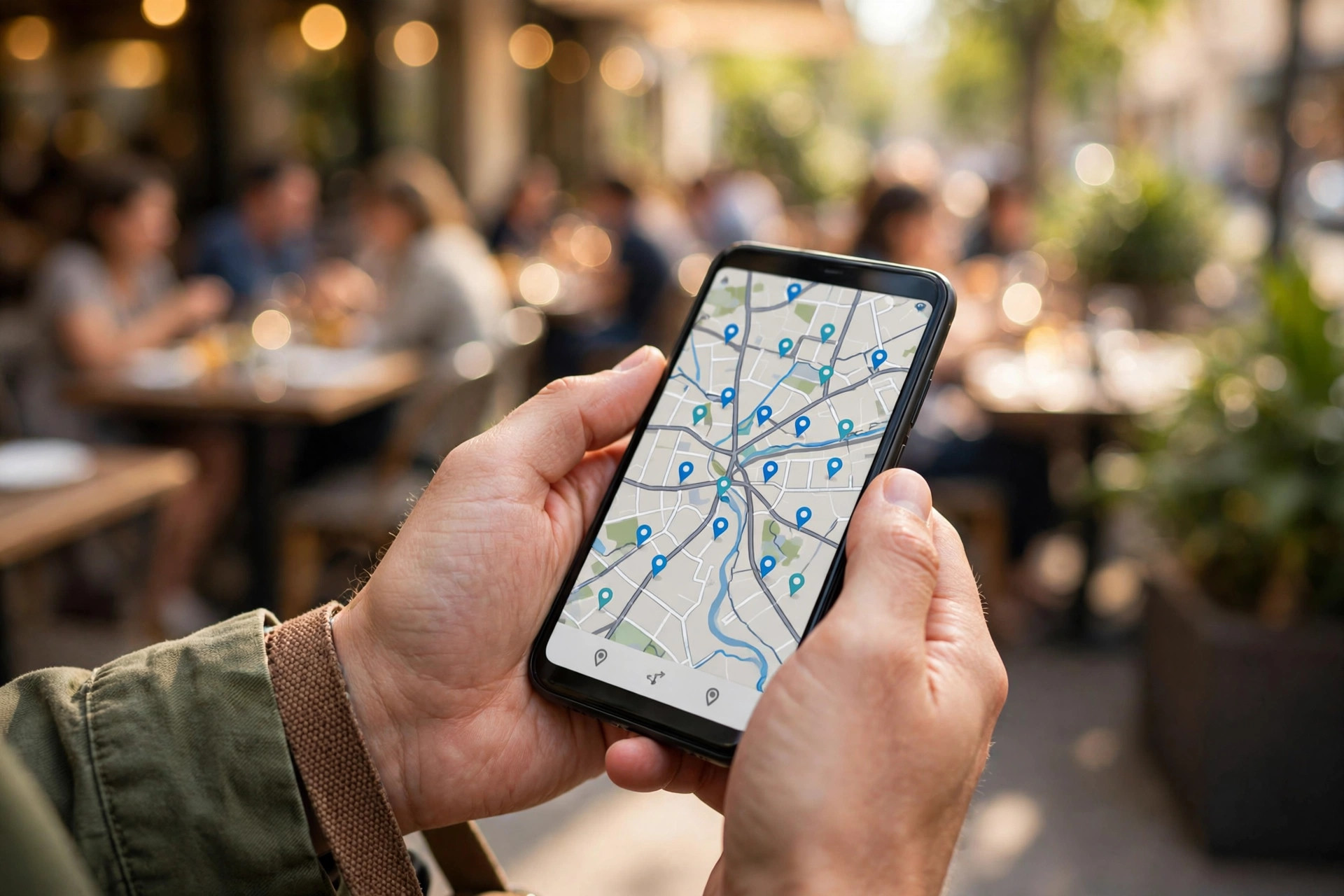 Turist håller mobiltelefon med stadskarta framför en restaurangterrass i solsken