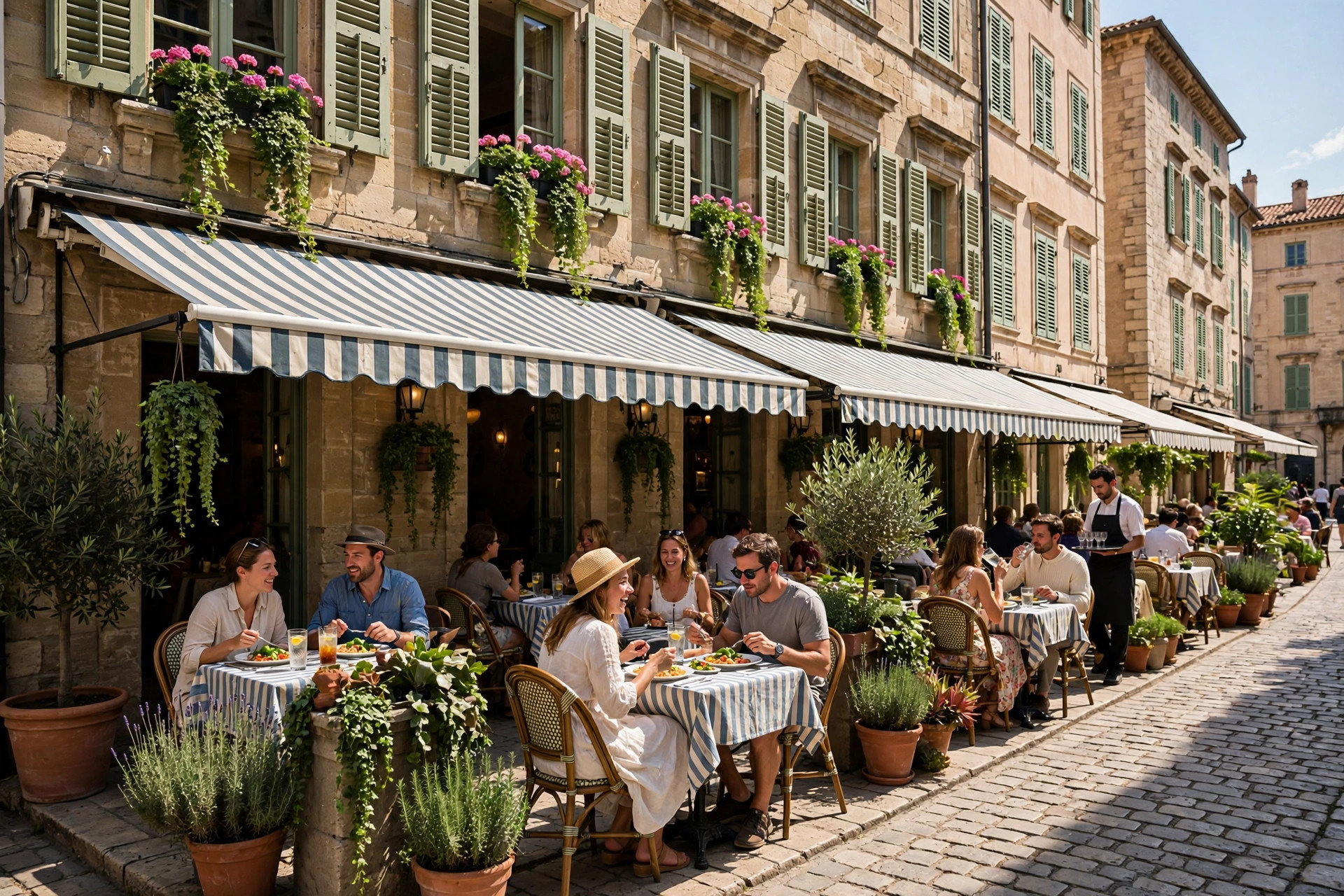 Restaurangterrass med turister som äter utomhus på en solig gata i Europa